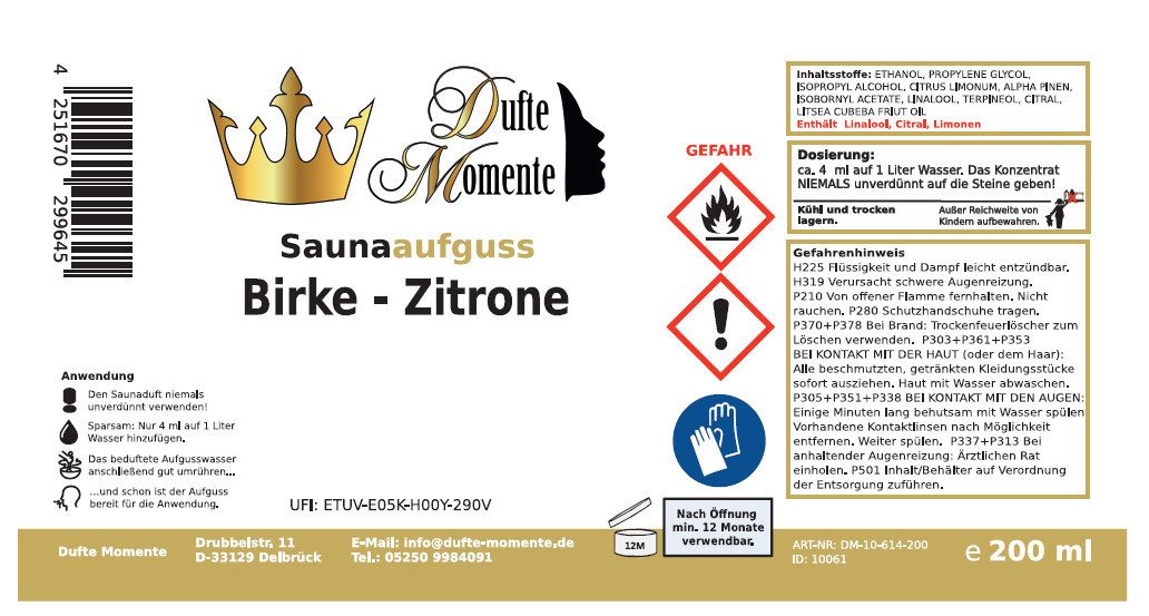 Dufte Momente Sauna-Aufgussset Birke - Zitrone 200ml in schwarzer Steinzeugflasche (1-tlg) vegan und ohne Tierversuche
