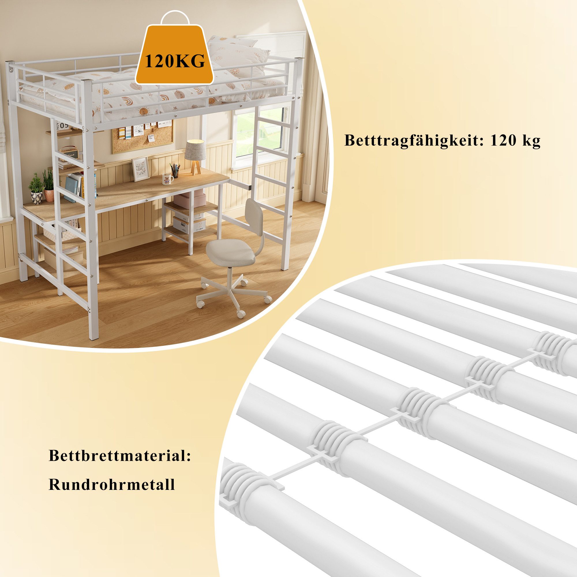 Merax bunk bed with desk and 3 bookshelves, iron bed, loft bed 90x200cm