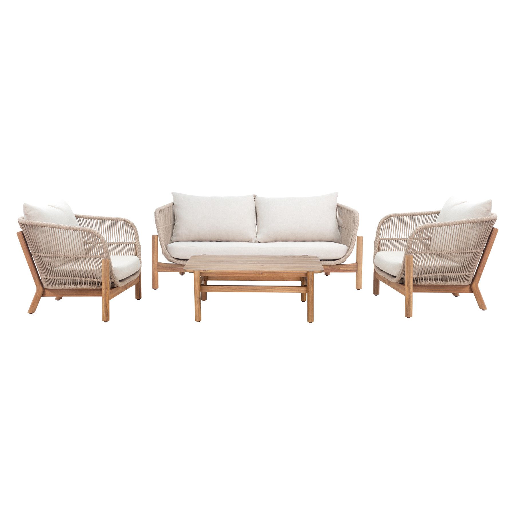 riess-ambiente Loungeset ROPE natur beige – Sofa, 2 Sessel & Tisch aus Akazie & Aluminium, (Set, 4-tlg), inkl. Kissen, wetterfest, pflegeleichte Gartenmöbel, wetterfest