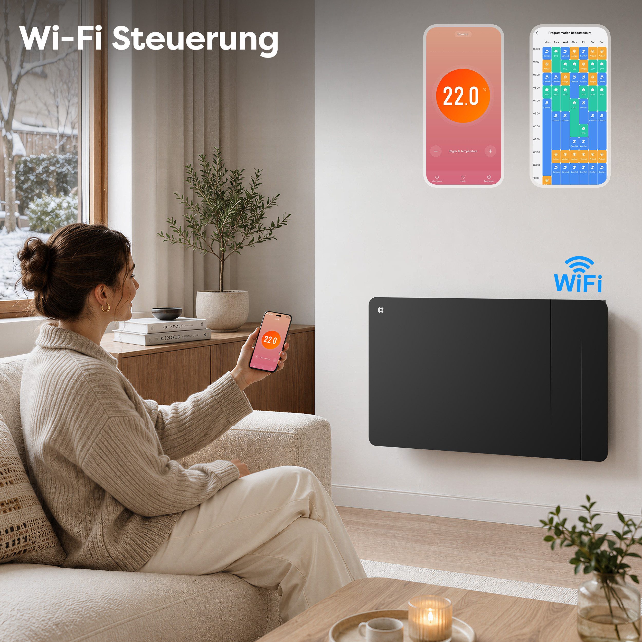 CIARRA Elektro-Heizkörper Heizgerät Smart-Heater 1500 W WLAN Steuerung, PID Thermostat, Intelligenter Keramik-Elektroheizung programmierbar CBHTD15A-B