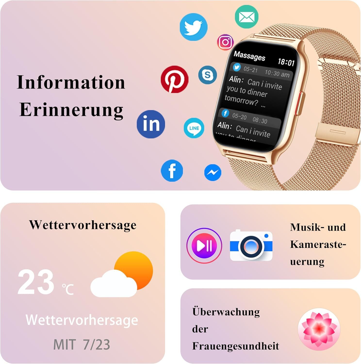 Zevelora Damen's und Herren's Telefonfunktion Fitness-Tracker IPx8 Wasserdicht Smartwatch (5,08 cm/2 Zoll, Android/iOS), mit austauschbarem weichem Silikonarmband, mit Blutdruckmessung Herzfrequenz Schlafmonitor SpO2, Sport modus