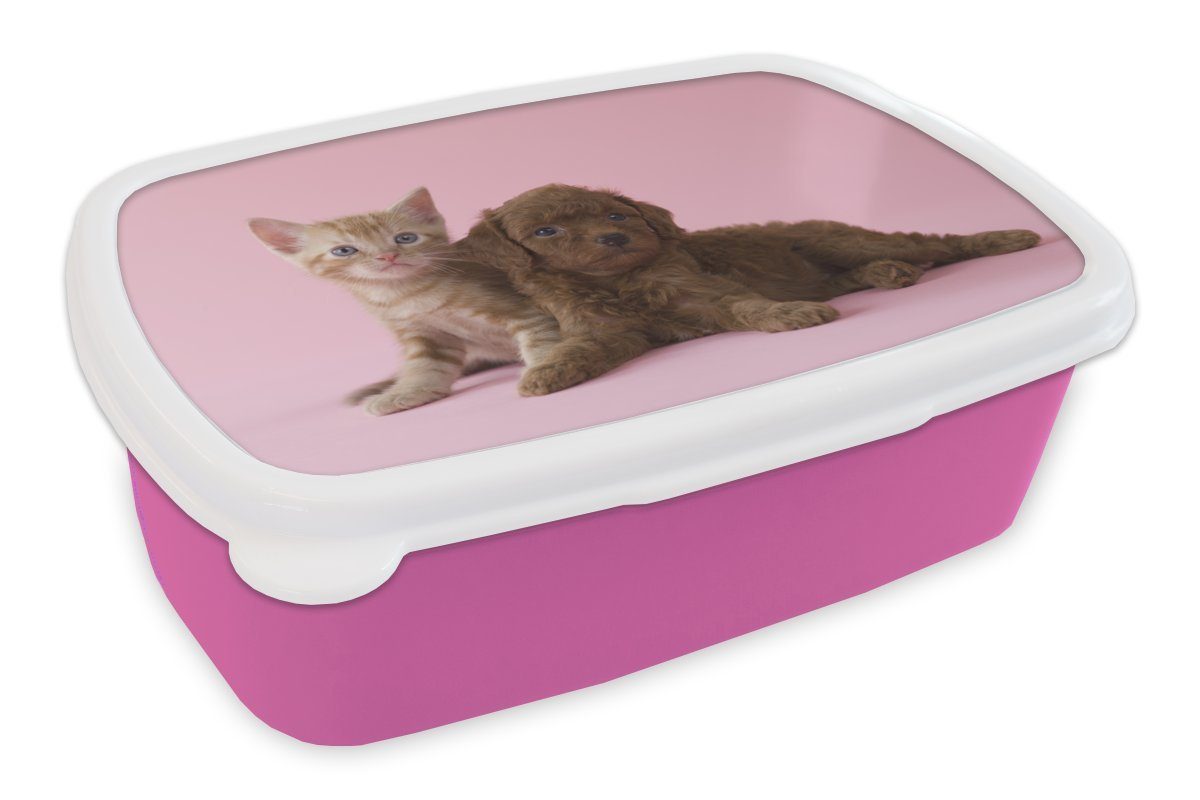 MuchoWow Lunchbox Katze - Hund - Rosa, Kunststoff, (2-tlg), Brotbox für Erwachsene, Brotdose Kinder, Snackbox, Mädchen, Kunststoff