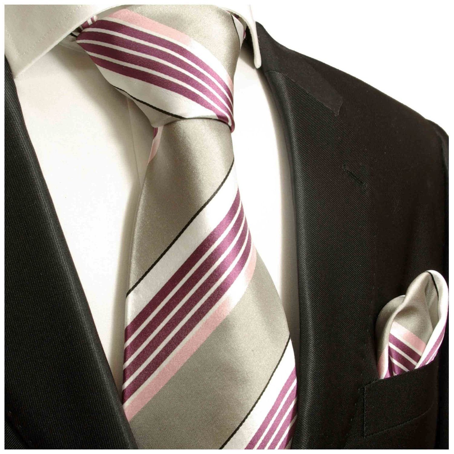 Paul Malone Krawatte Herren Seidenkrawatte und Tuch modern gestreift 100% Seide (Set, 2-St., Krawatte mit Einstecktuch) Schmal (6cm), grau pink 713