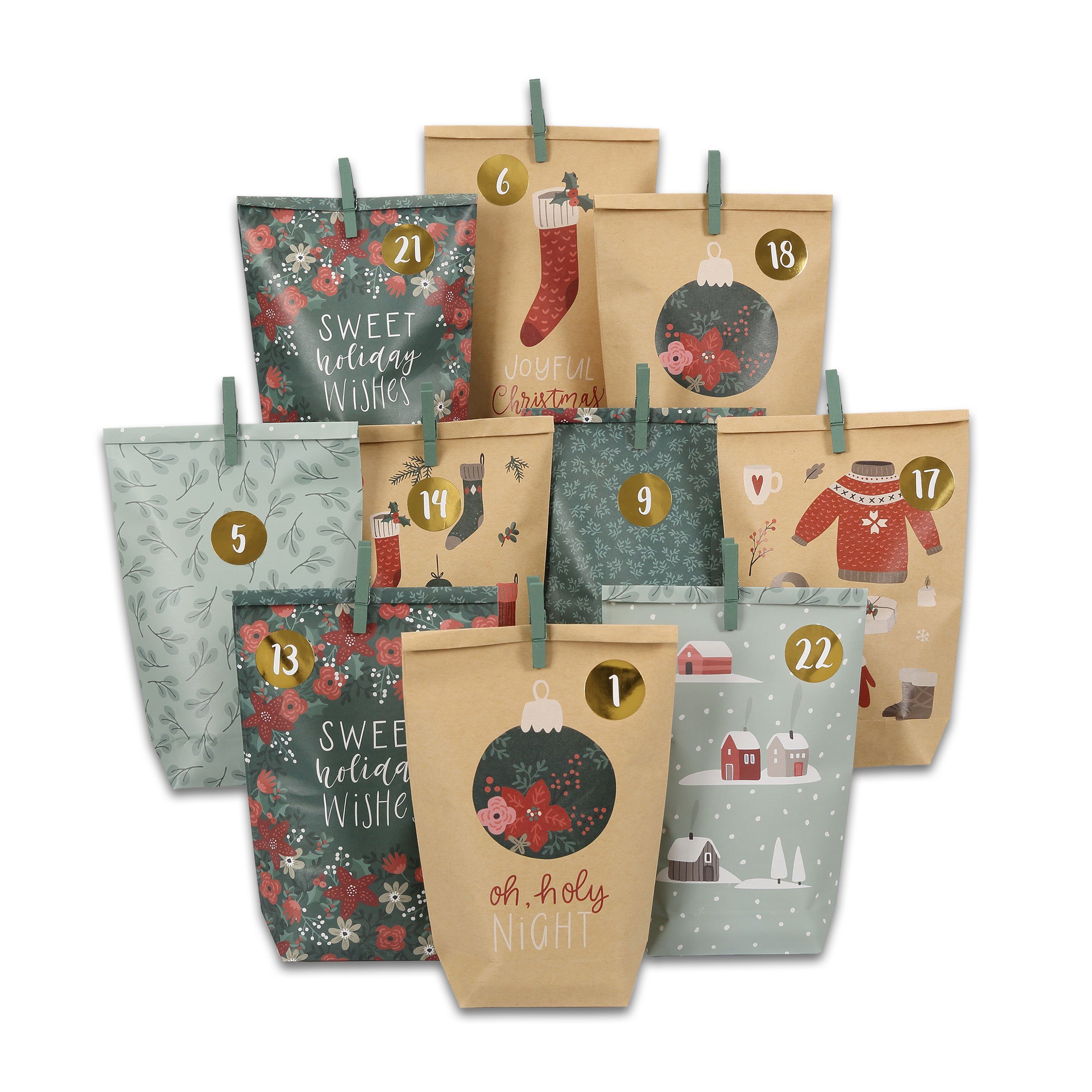 PAPIERDRACHEN befüllbarer Adventskalender Adventskalender mit bedruckten Tüten, Adventskalender zum selber befüllen
