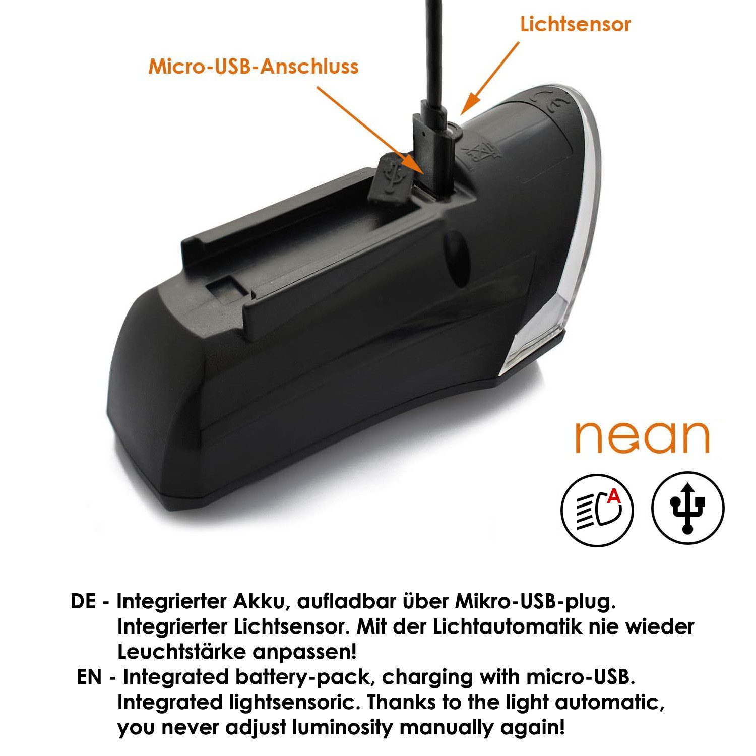 nean Fahrrad-Frontlicht Akku, mit stufenloser Lichtautomatik und 3 Helligkeitsstufen, 60 LUX – Bild 4 von 5