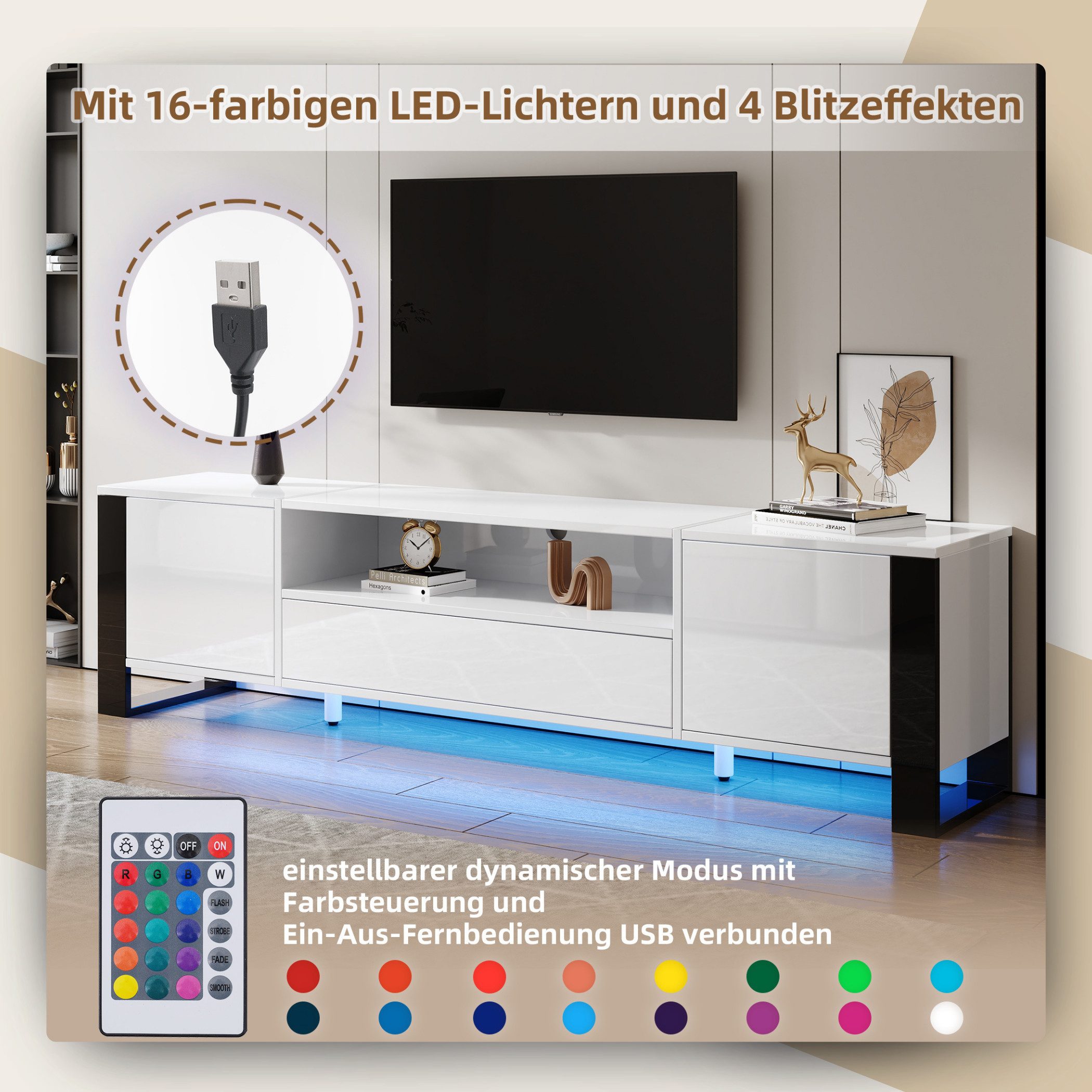 SeedWave Lowboard Moderner TV-Schrank LED Fernsehtisch mit Stauraum, Kabeldurchführung, Mit Verstellbare Einlegeböden, Rückprallstellsetzung