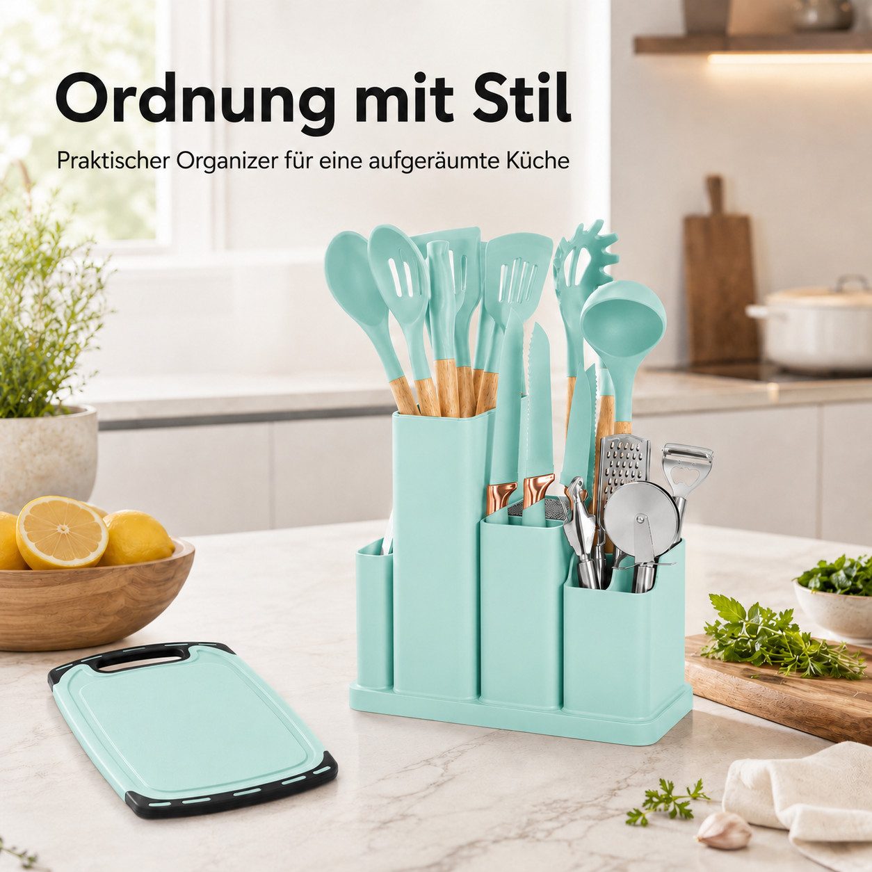 Diyarts Kochbesteck-Set (für beschichtete Pfannen, inklusive Kochmesser, Komplettset mit 20 Küchenhelfern für vielseitiges Kochen), Schonende Silikon-Küchenhelfer mit Holzgriffen & Messer im Set