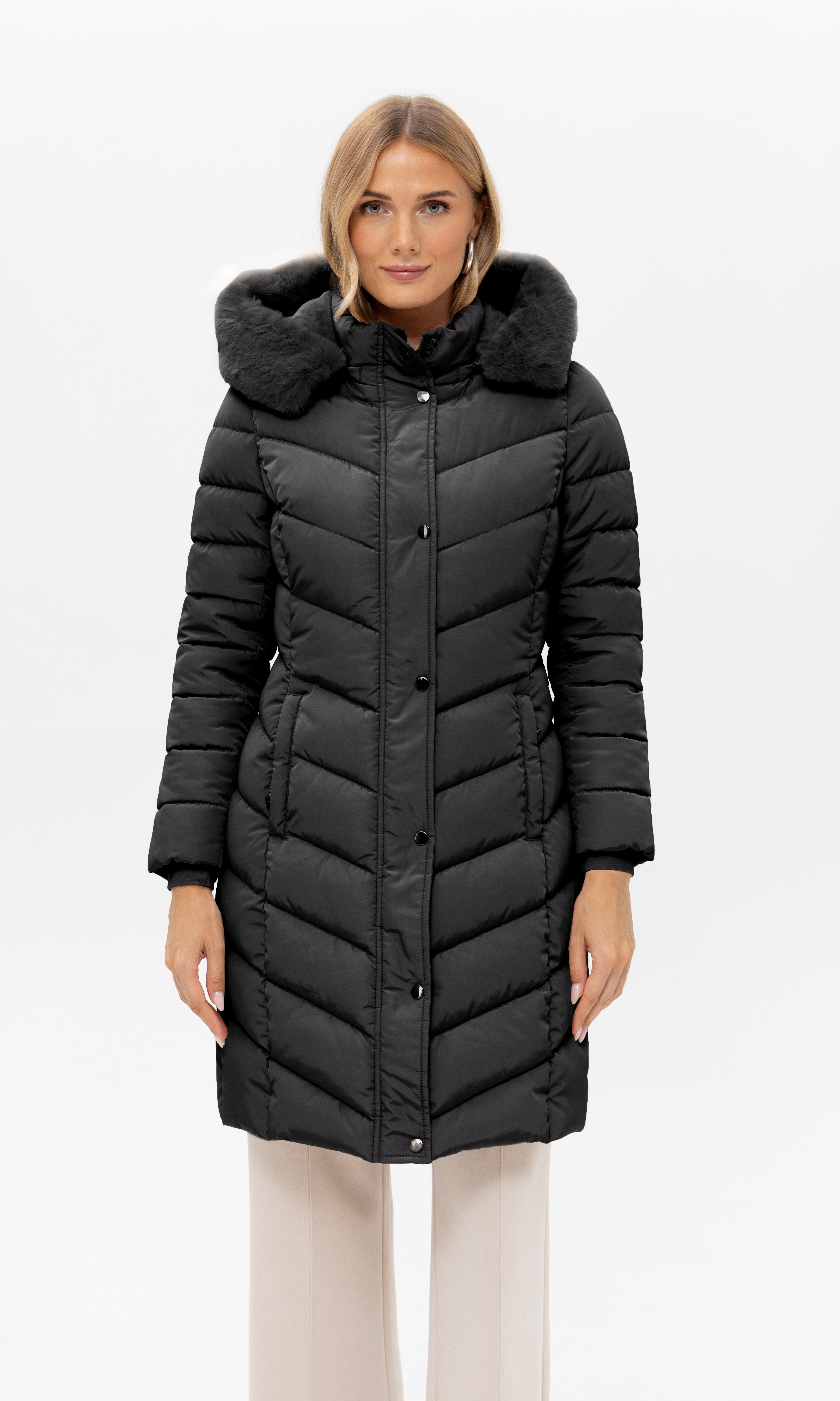 Passioni Winterjacke Lange Steppjacke mit Kapuze mit abnehmbaren Kunstfellbesatz