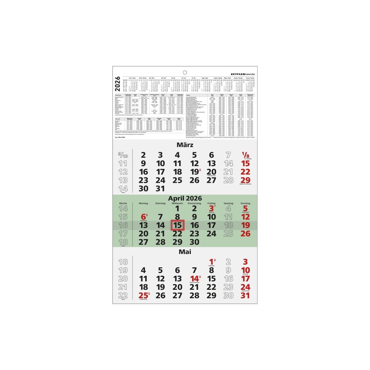 ZETTLER Wandkalender Dreimonatskalender 956 29,5x49cm Recycling 2026