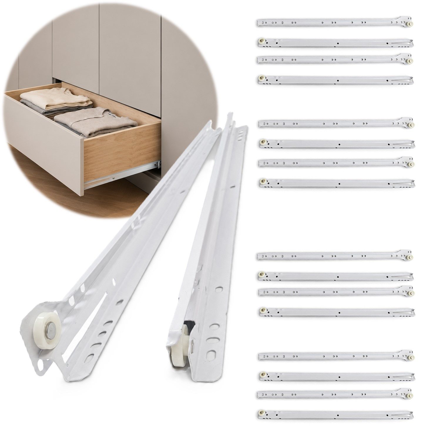 HOOZ Auszug Schubladenschienen 300mm 1 Paar Rollschubführung Teilauszug Weiß (5-teiliges Set, 5 St., 5 Paar (20 Schienen) für 5 Schublade), Teilauszug mit Rollführung, Ausrollsicherung und Herausfallsicherung