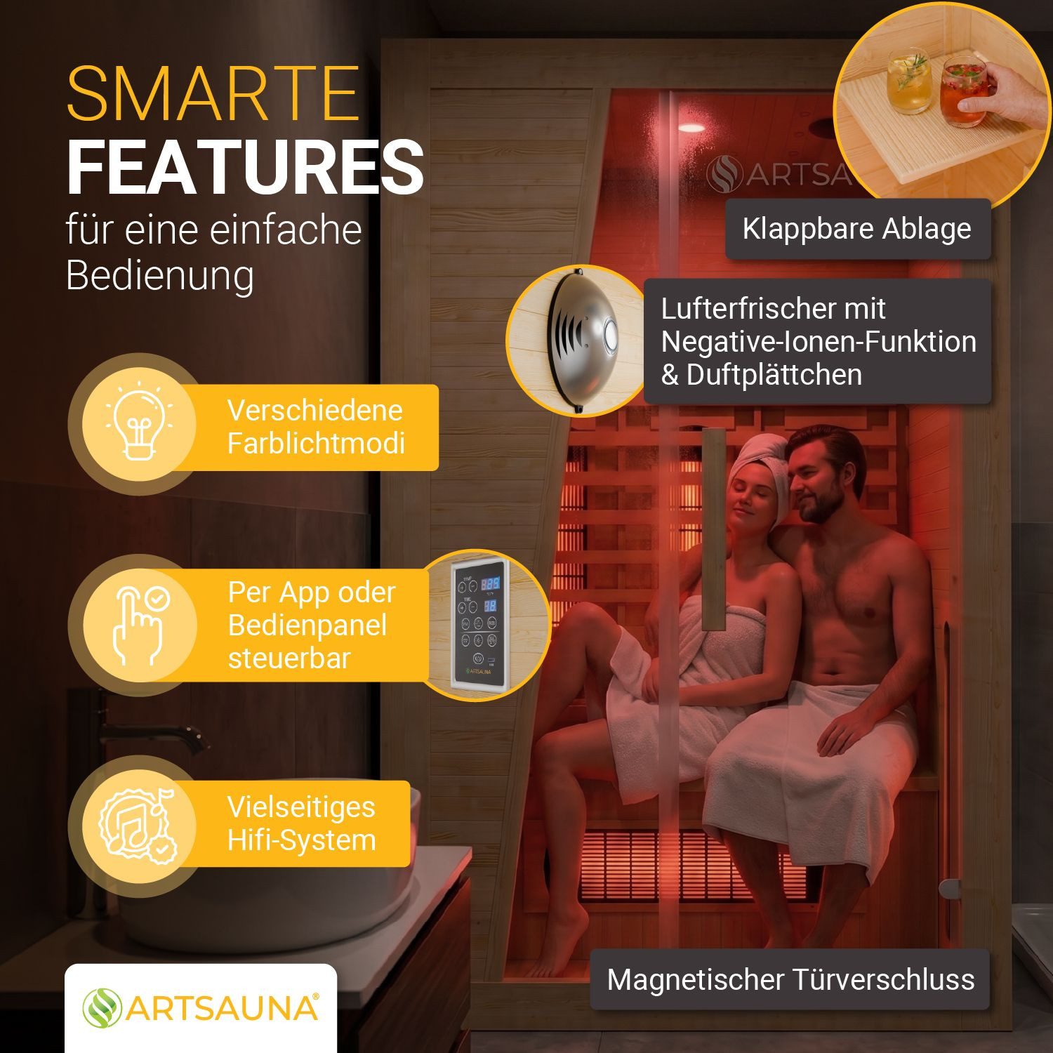 Artsauna Infrarotkabine Bergen115, BxTxH: 115 x 115 x 190 cm, 6x Vollspektrumstrahler, dimmbar, 2 Personen, mit LED-Beleuchtung