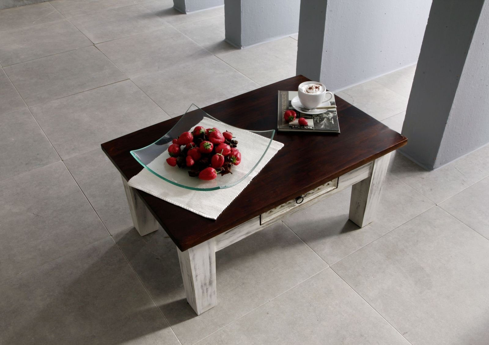 Massivmoebel24 Couchtisch CASTLE-ANTIK (Sofatisch Truhe 90x60 aus massiver Mango und Akazie in braun und weiß)