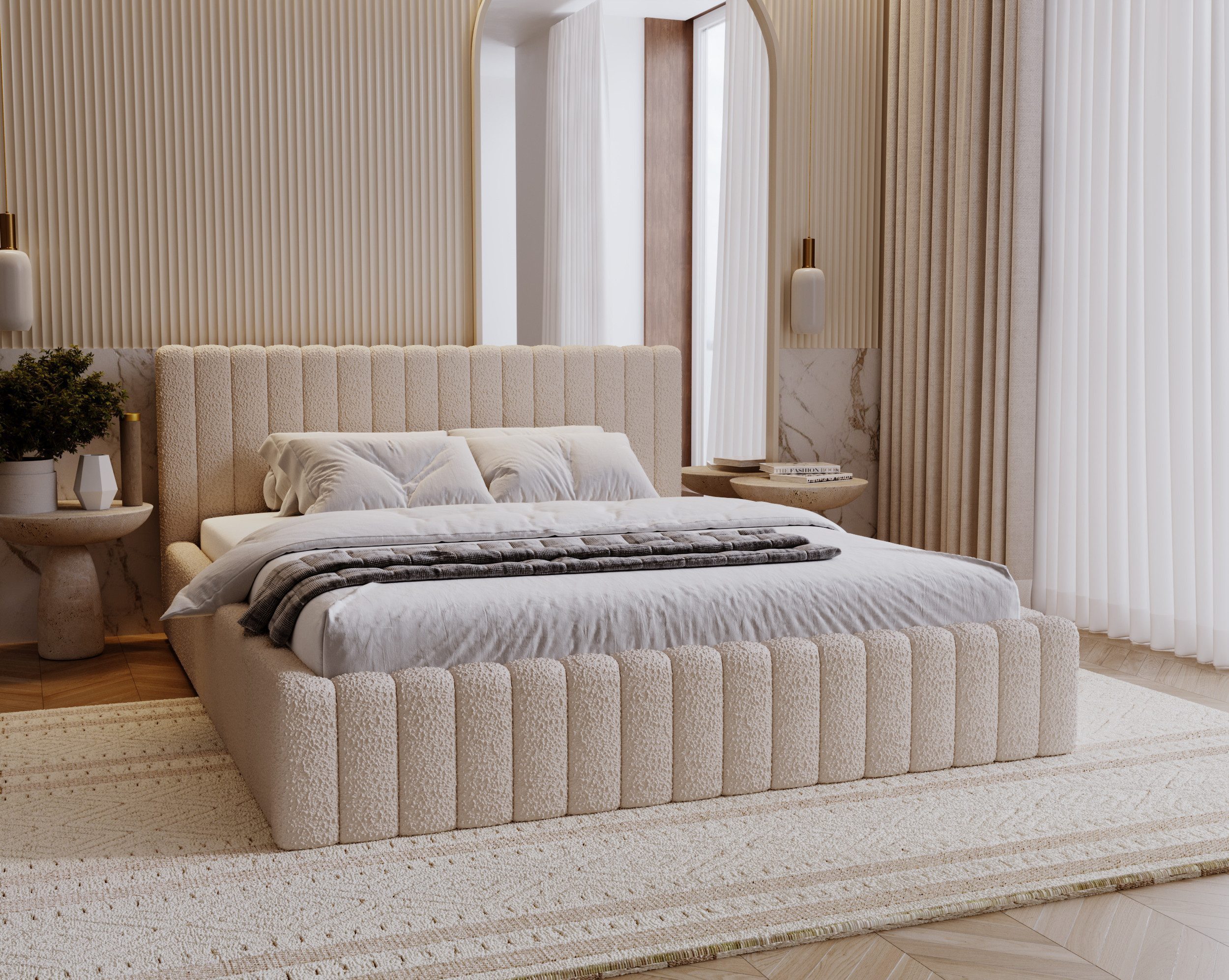 Goldstoff Polsterbett mit Bettkasten und Lattenrost (Boucle-Stoff in "Lammfell", Designerbett, Wolkenbett, Stauraumbett- 140/160/180x200), Erhältlich in 3 Größen und 6 Цвета(ов)