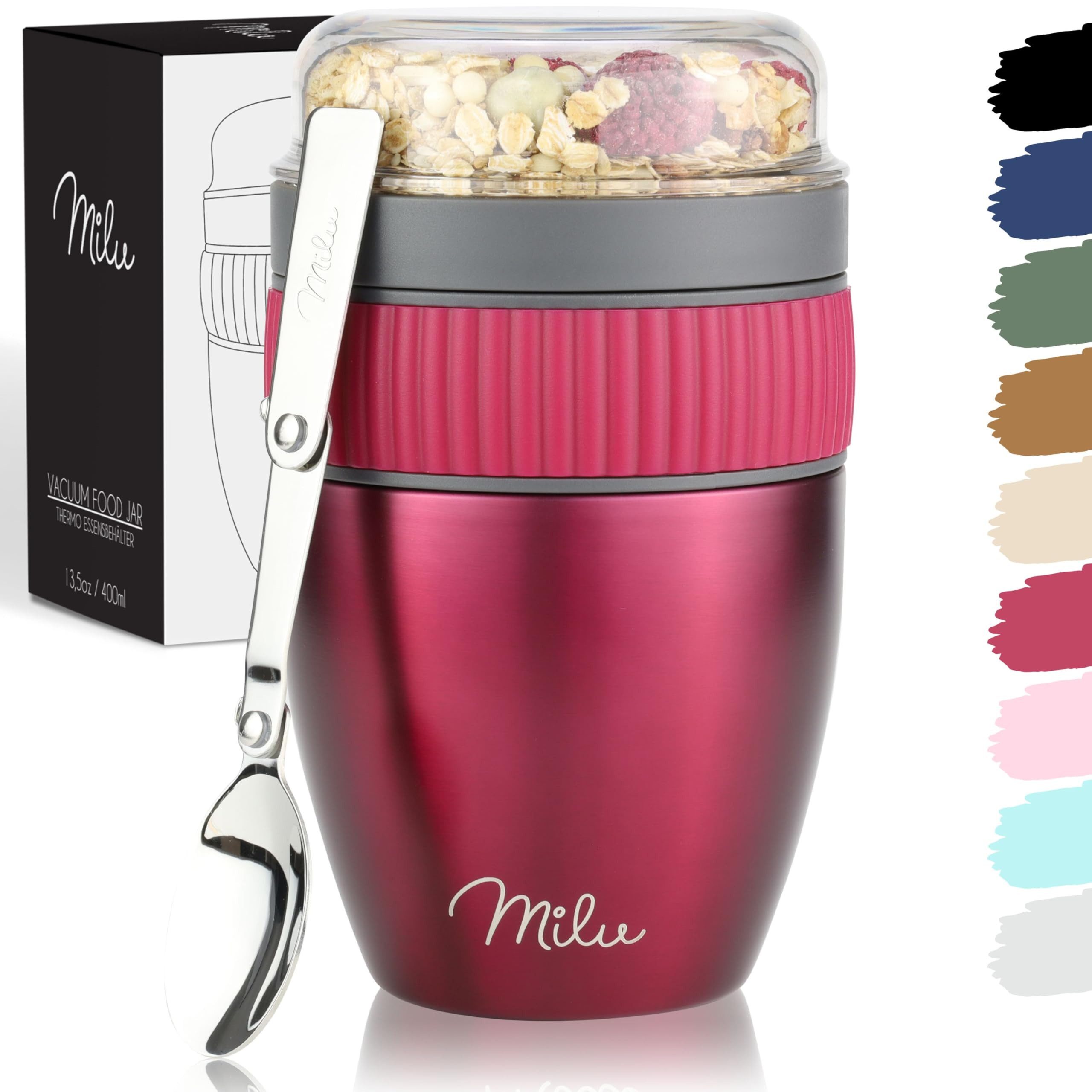 Milu Müslibox to go 400ml - isolierter Edelstahl Joghurtbecher für Müsli, auslaufsicherer Becher mit Löffel für Yoghurt/Porridge