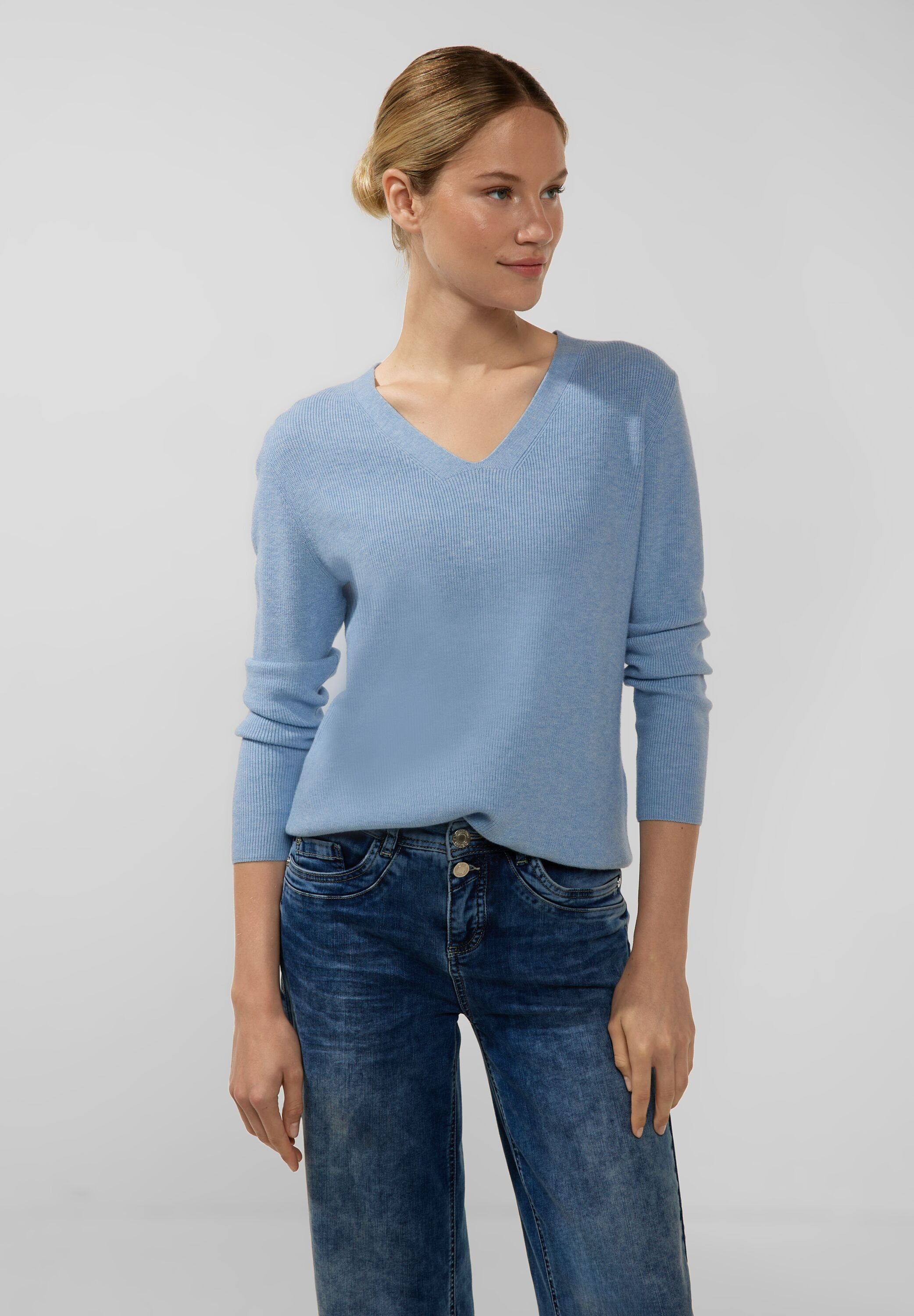 STREET ONE V-Ausschnitt-Pullover in Unifarbe feather blue melange