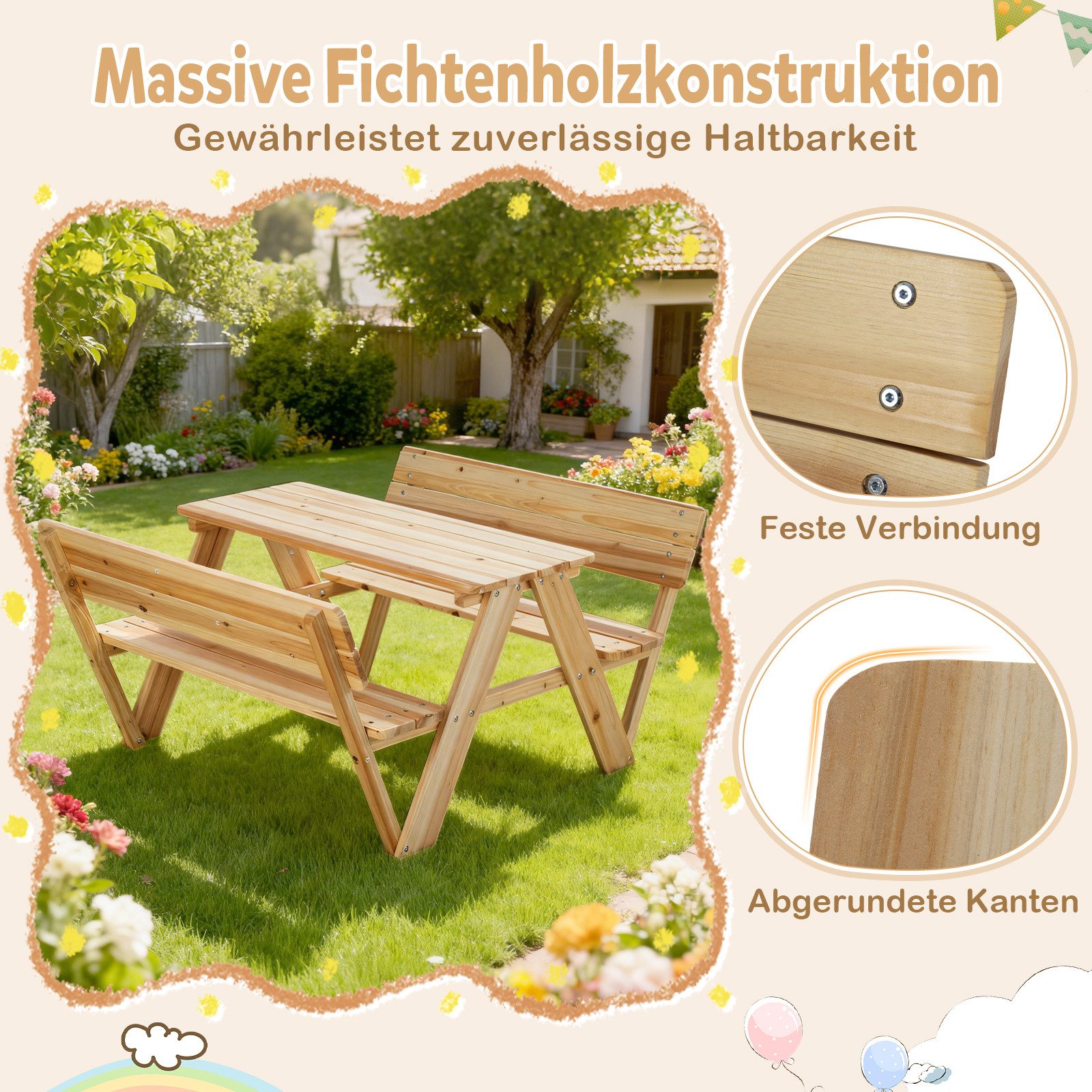 COSTWAY Garten-Kindersitzgruppe, Picknicktisch mit 2 Bänken, Stuhlset Holz