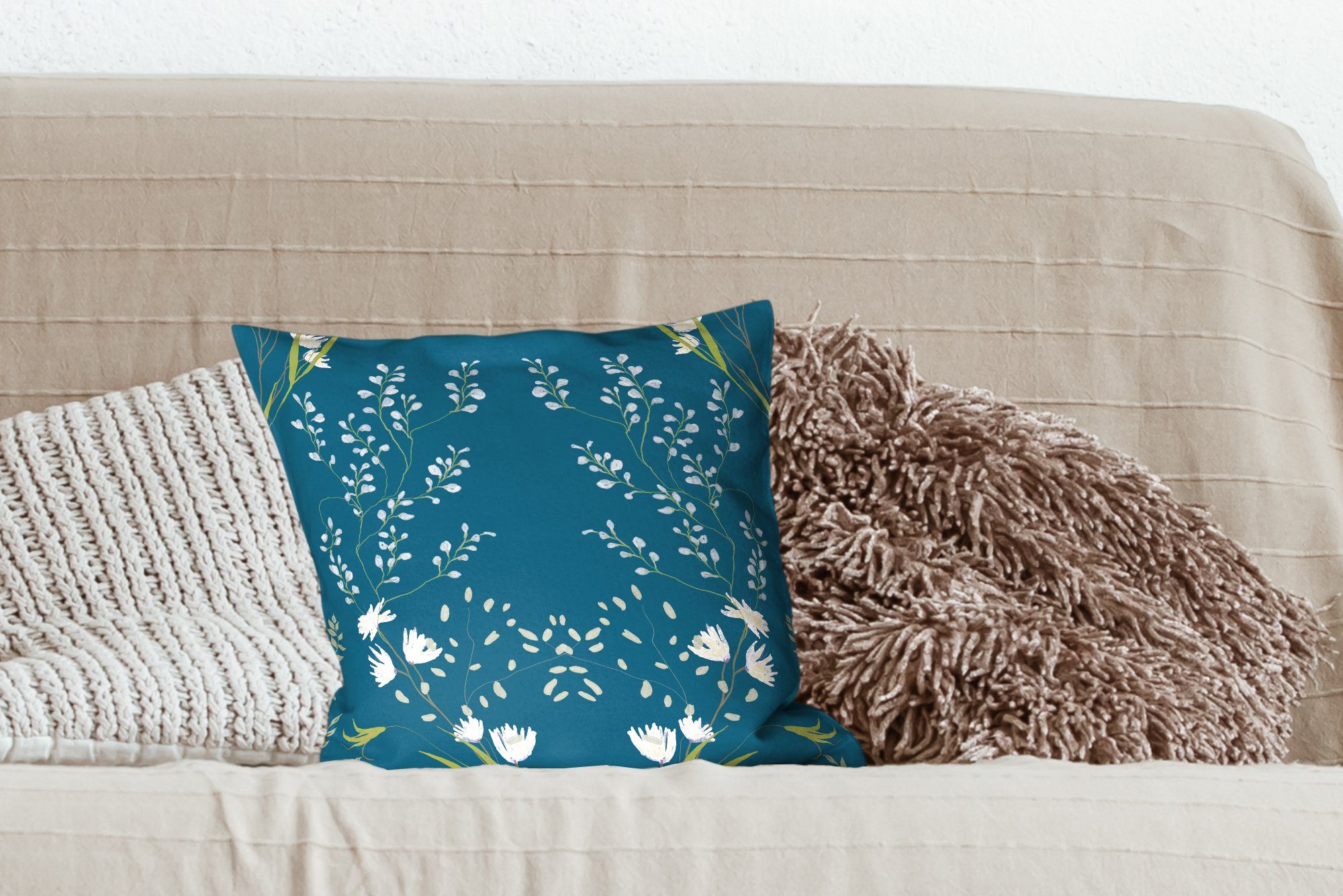 MuchoWow Dekokissen Design Schlafzimmer, Pastell für - Zierkissen mit Deko, - Sofakissen - Blumen Füllung Wohzimmer, Blau