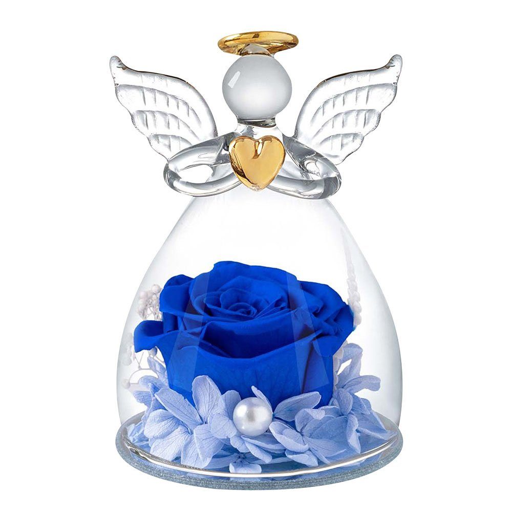 Kunstblume Glas-Engel-Figuren, für Muttertag Valentinstag Weihnachten Rose, Rosnek, Konservierte Blumen Blau