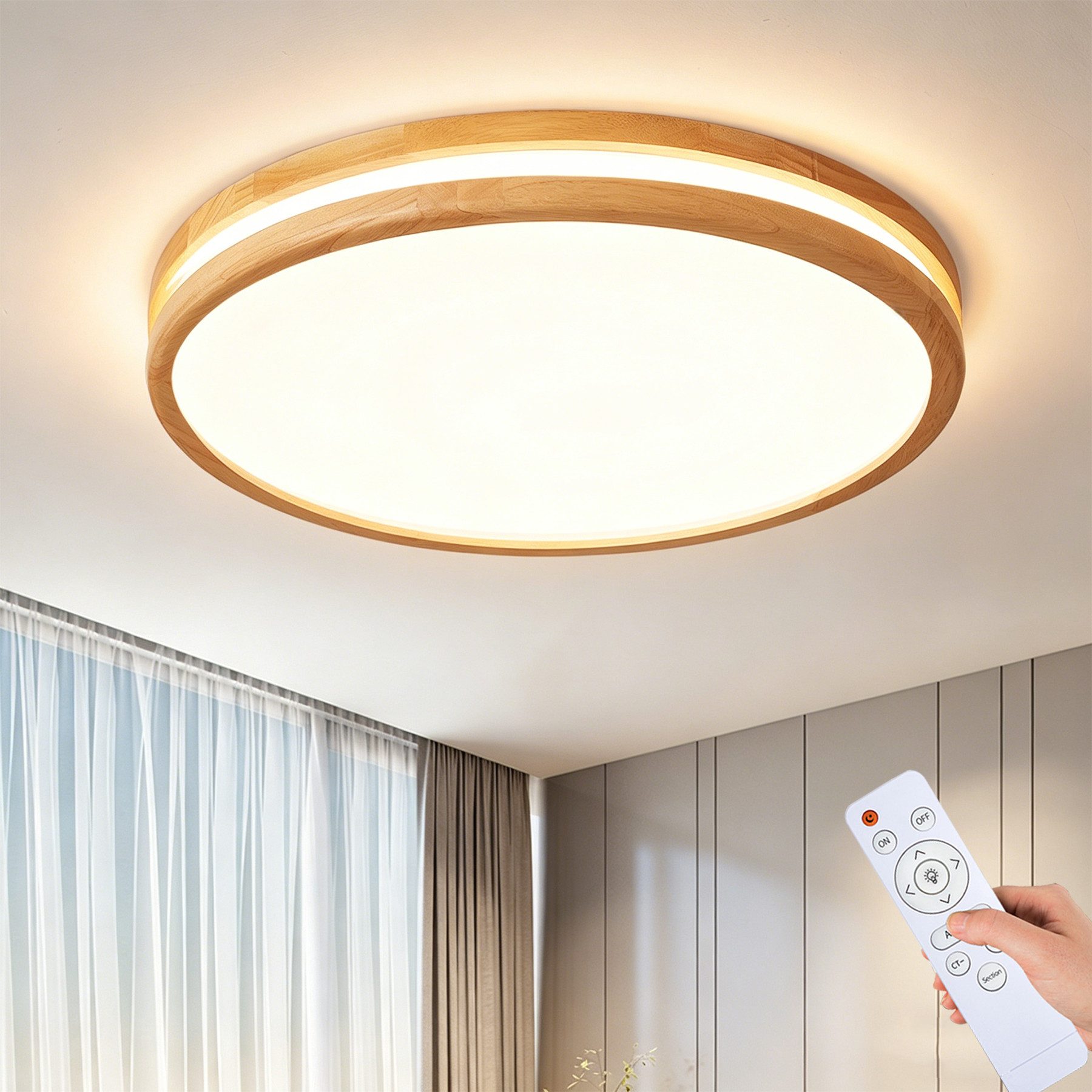 style home Deckenleuchte Holz LED Deckenlampe, dimmbar mit Fernbedienung, 96W, LED fest integriert, Warmweiß bis kaltweiß, Geeignet für Küche, Büro, Wohnzimmer, Schlafzimmer