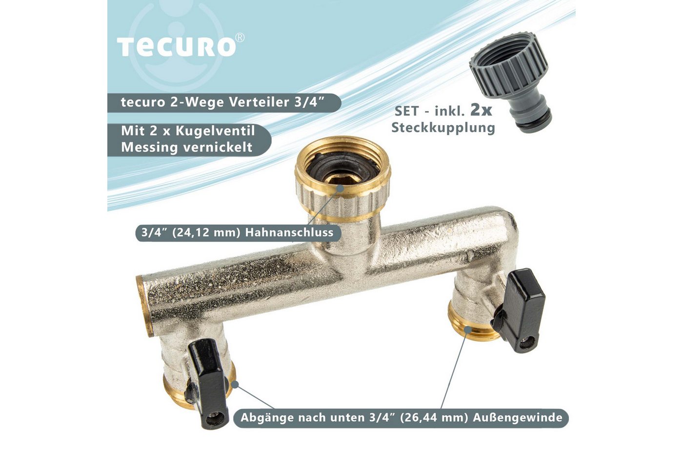 Thumbnail - tecuro Bewässerungssystem 2-Wege Verteiler 3/4 Zoll mit 2 x Kugelventil und Steckkupplungen