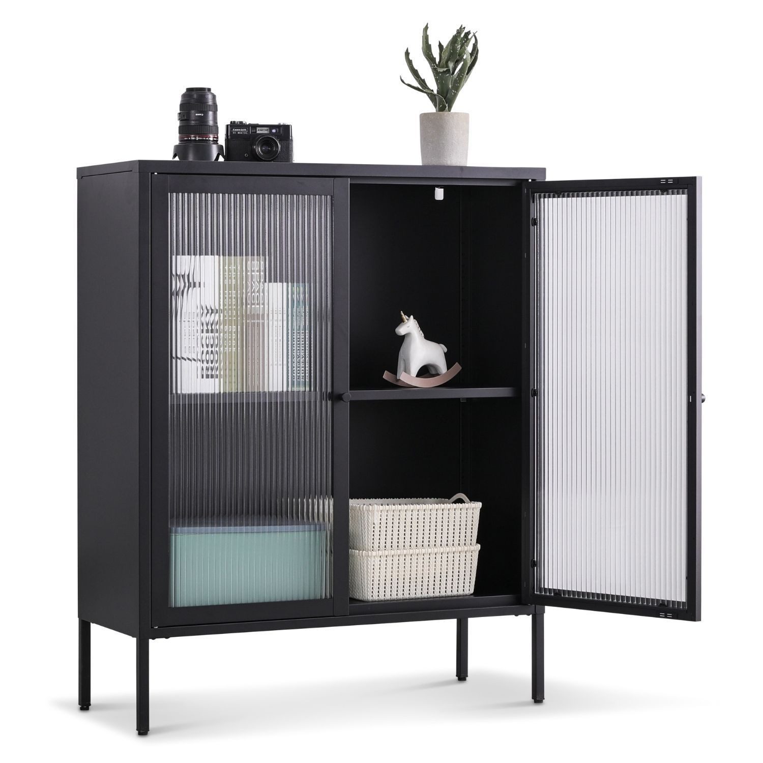 Coemo Highboard TOKIO, Schwarz Metall, Vitrine Wohnzimmer 2 Glastüren modernes Sideboard