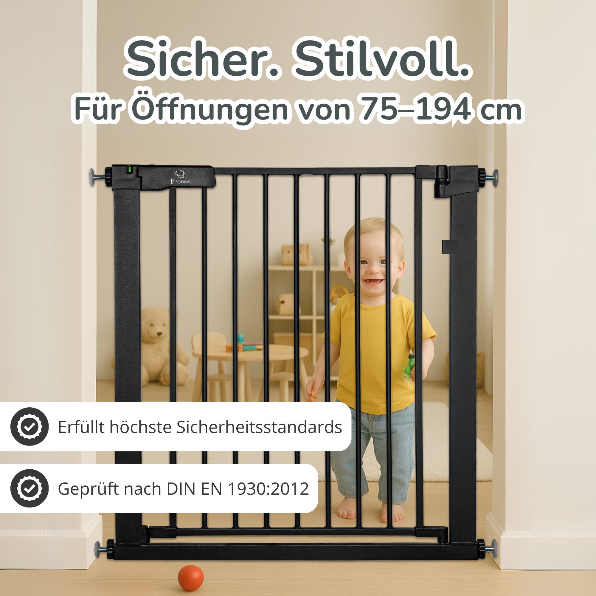 Bronea Treppenschutzgitter LUCA-M Treppengitter ohne Bohren Treppenschutzgitter Türgitter (zum Klemmen, 75-194 cm verlängerbar), 3-faches Schloss & Rot-Grün Sicherheitssystem, Auto-Close, 90° Stopp