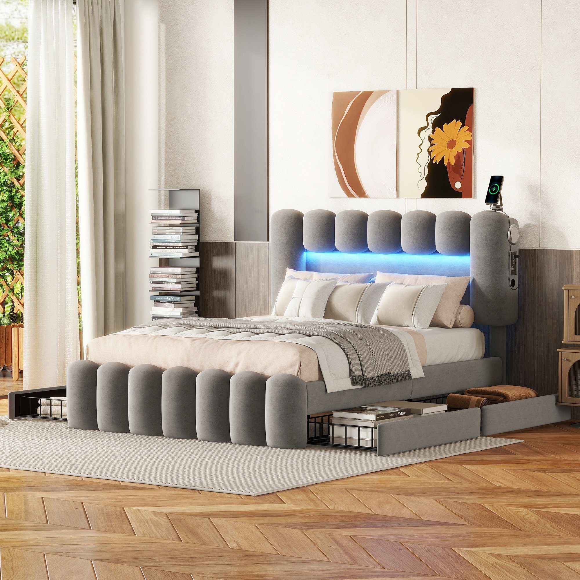 Flieks Polsterbett, LED Beleuchtung Doppelbett mit 4 Schubladen und USB-Auf günstig online kaufen