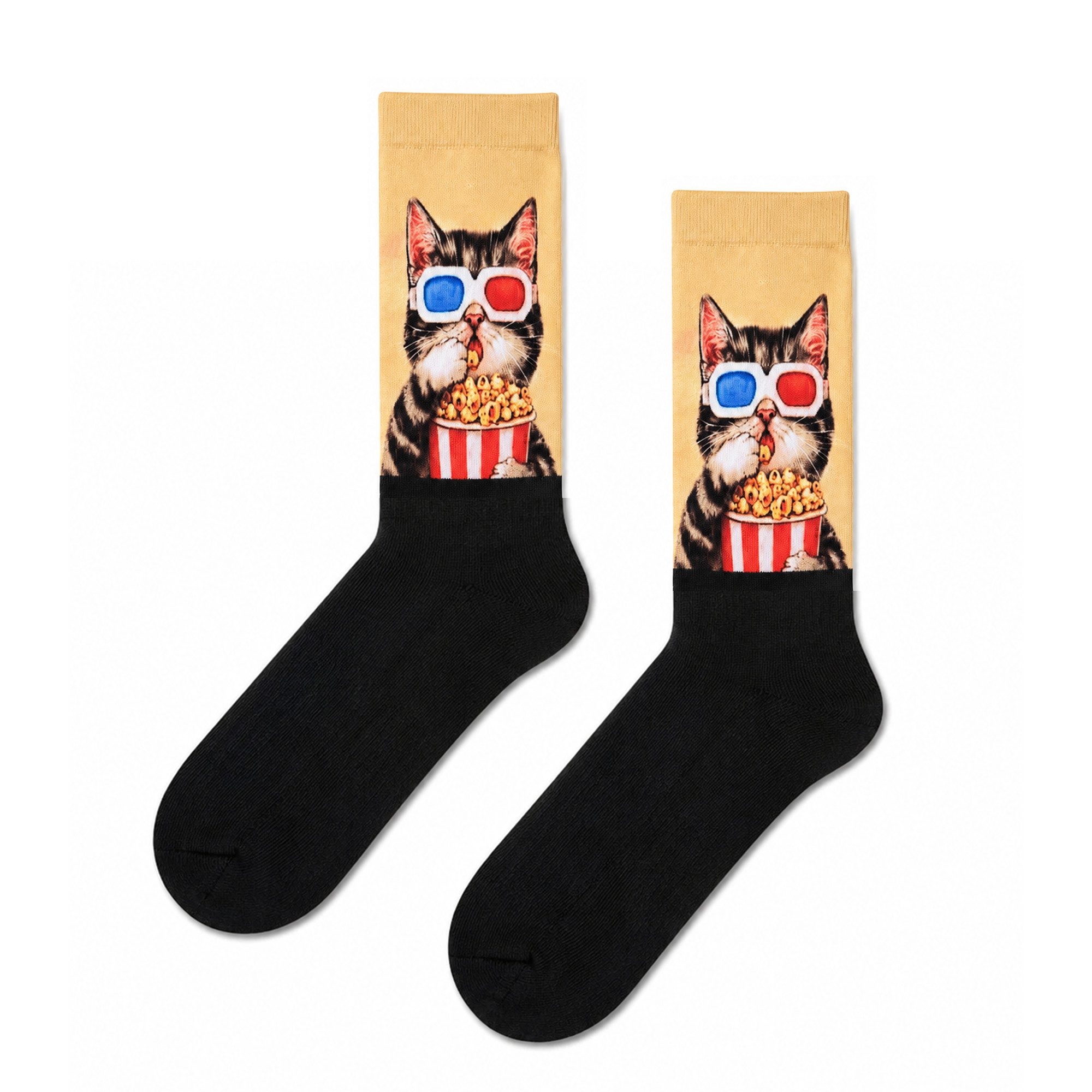 Chili Lifestyle Freizeitsocken Motivsocken Lustige Socken mit Banderole als Geschenksocken (1-Paar, Auffällige Socken mit Katze Popcorn Motiv – OneSize) Weichbund ohne Gummidruck