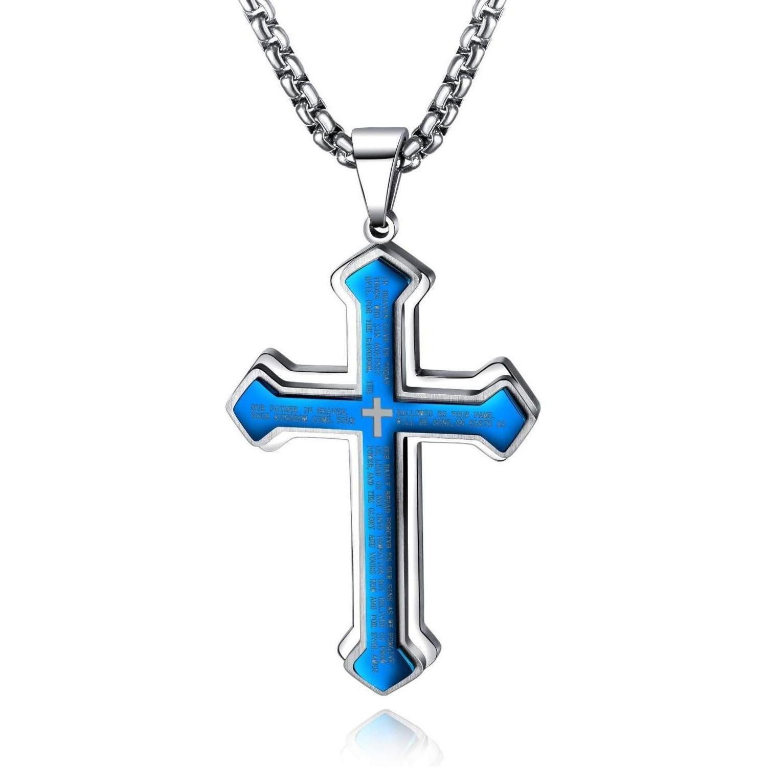 Kreuzkette Halskette Herren Kreuzanhänger Edelstahl Kubanische Kette Blau