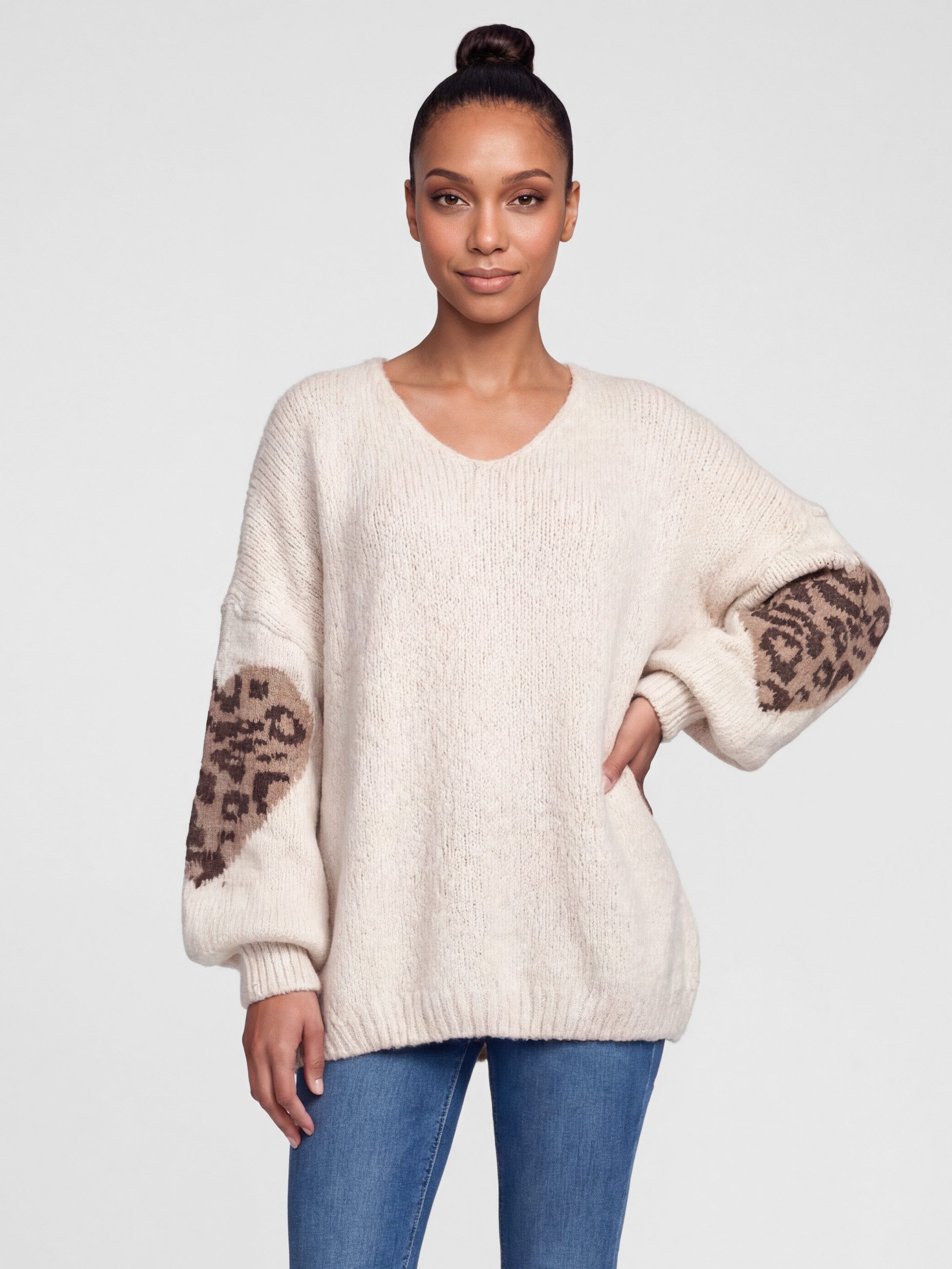 PEKIVESSA Strickpullover Oversized Pullover mit V-Ausschnitt Ärmel mit Herz-Motiv und Leopardenmuster
