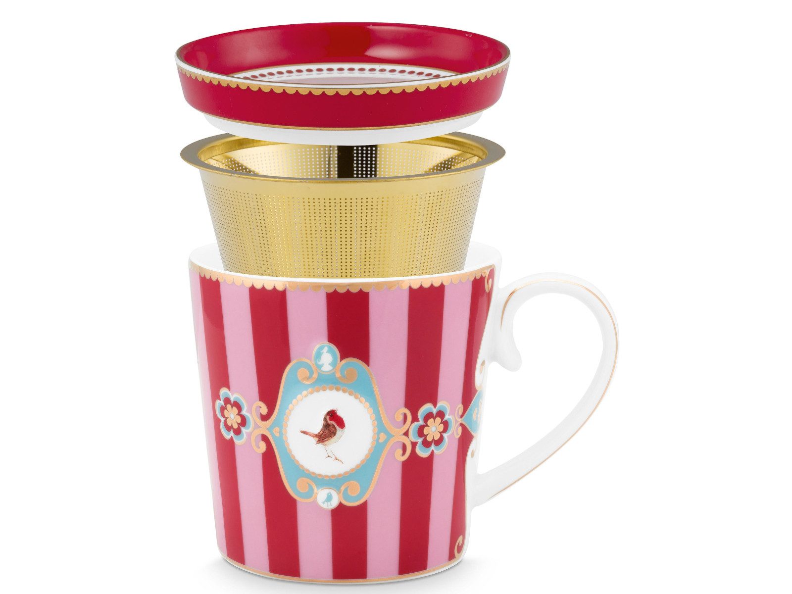 PiP Studio Geschirr-Set Love Birds Medallion Stripes Red-Pink Teeset für eine Person, Porzellan