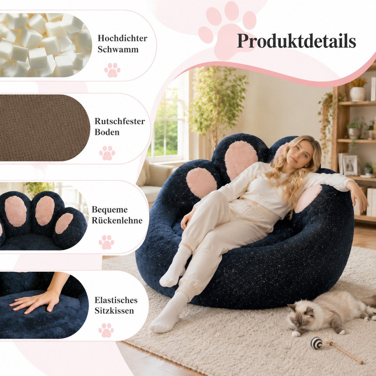 VUZINIC Sitzsack Süßer Katzenpfoten‑Sitzsack, glitzerndes Plüsch‑Bodensofa (1 St), rutschfest, montagefrei für Schlaf‑, Wohnzimmer & Studentenwohnheim – Bild 5 von 5
