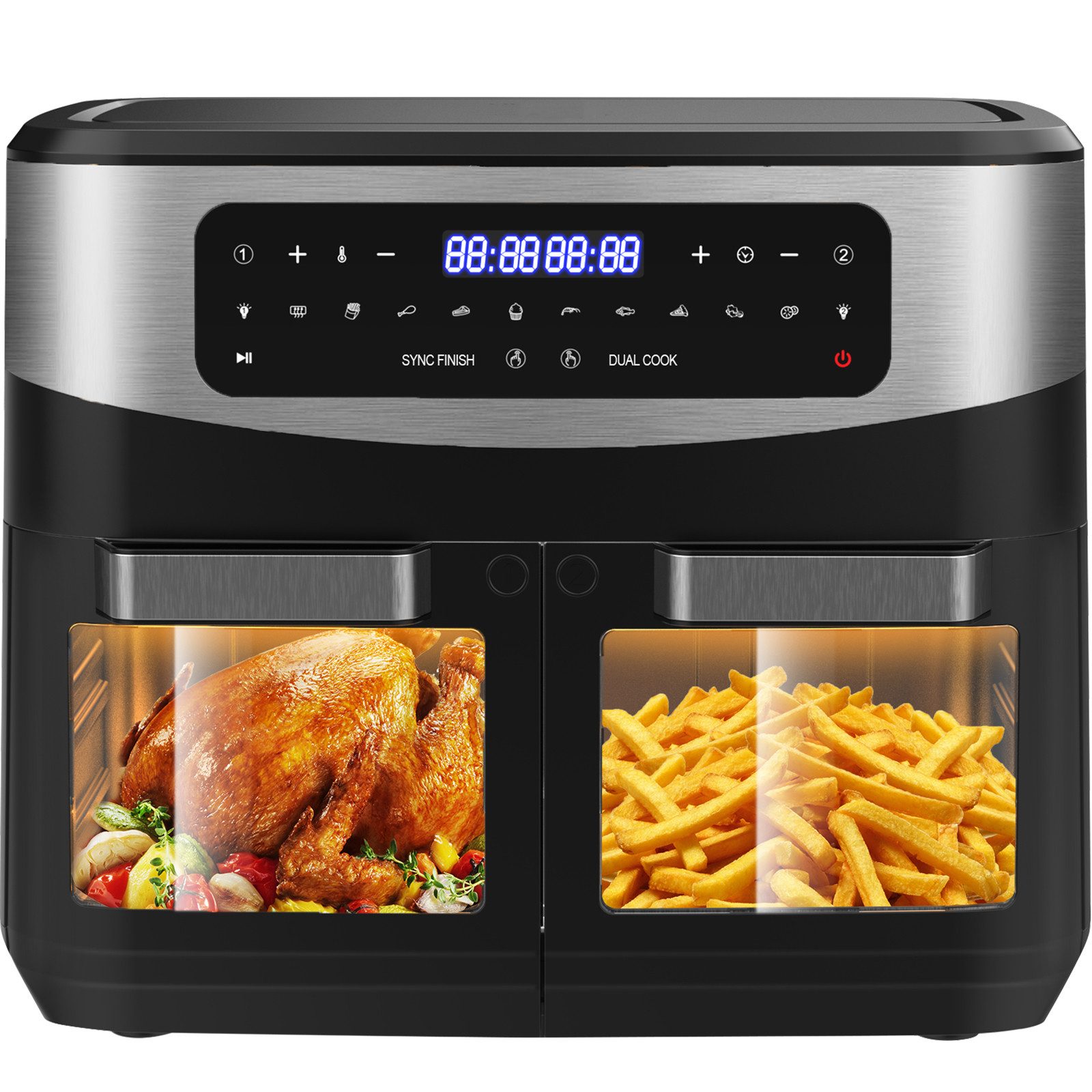 AIMAX Heißluftfritteuse Dual Zone Airfryer mit Sichtfenster, LED-Touch, 10 Programmen, gesund & fettarm, 2200 W, Doppelkammer mit herausnehmbarer Trennwand, Indoor-BBQ