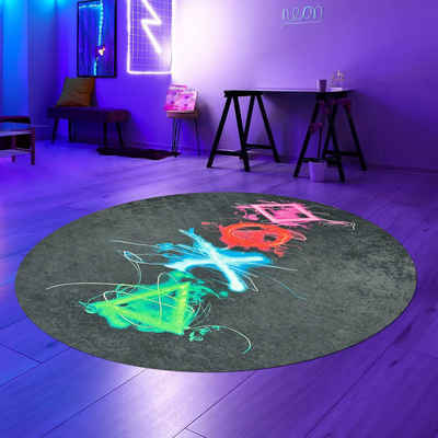Teppich Gaming Teppich mit neonfarbigen Symbolen auf schwarzem Hintergrund, Teppich-Traum, rund