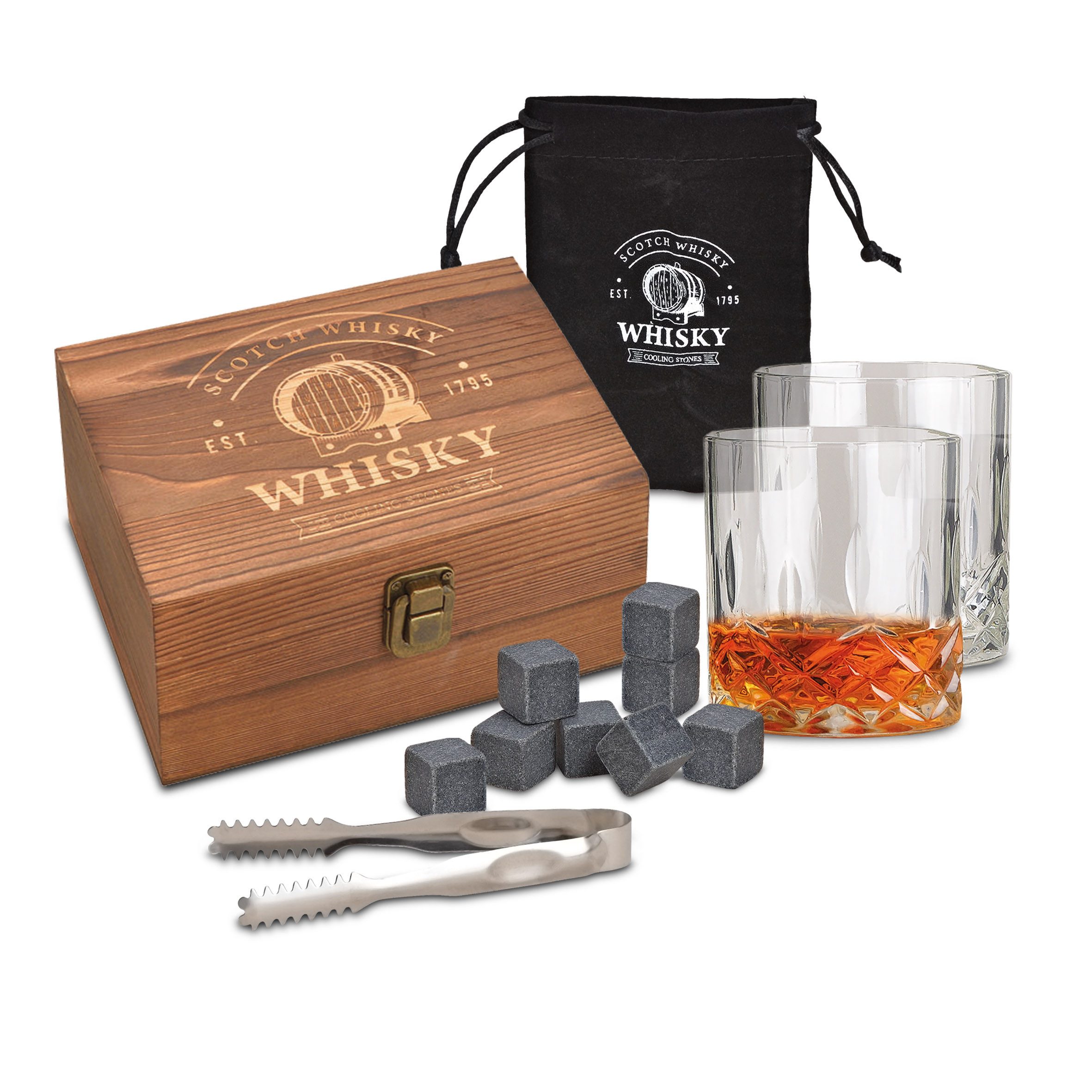 Eiswürfel-Steine Basalt Whisky Steine Geschenk Set in edler Holzbox - 11-teilig