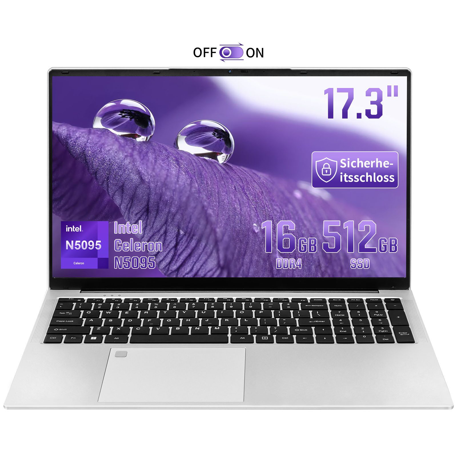 LONGEVINCE 17,3 Zoll Laptop, 1080P Full HD IPS Display, Fingerabdrucksensor Notebook (Intel, 512 GB SSD, Celeron N5095 Quad-Core (bis zu 2,9 GHz)