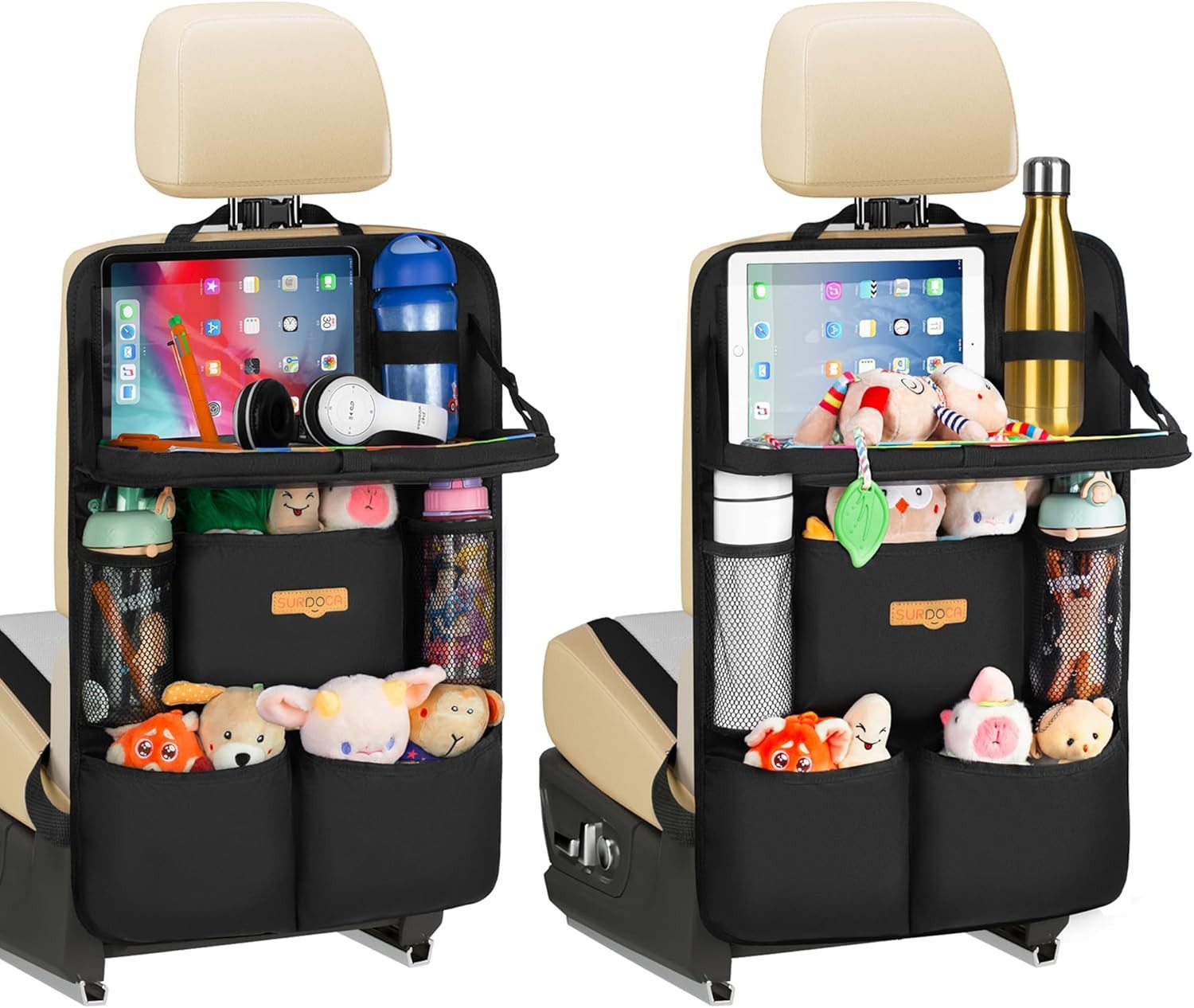 AIMAX Auto-Rückenlehnentasche & Rückenlehnenschutz, 2er Set, Schwarz, Rücksitzorganizer & Auto Organizer, Klapptisch, Tablet Fach, 42x61 cm