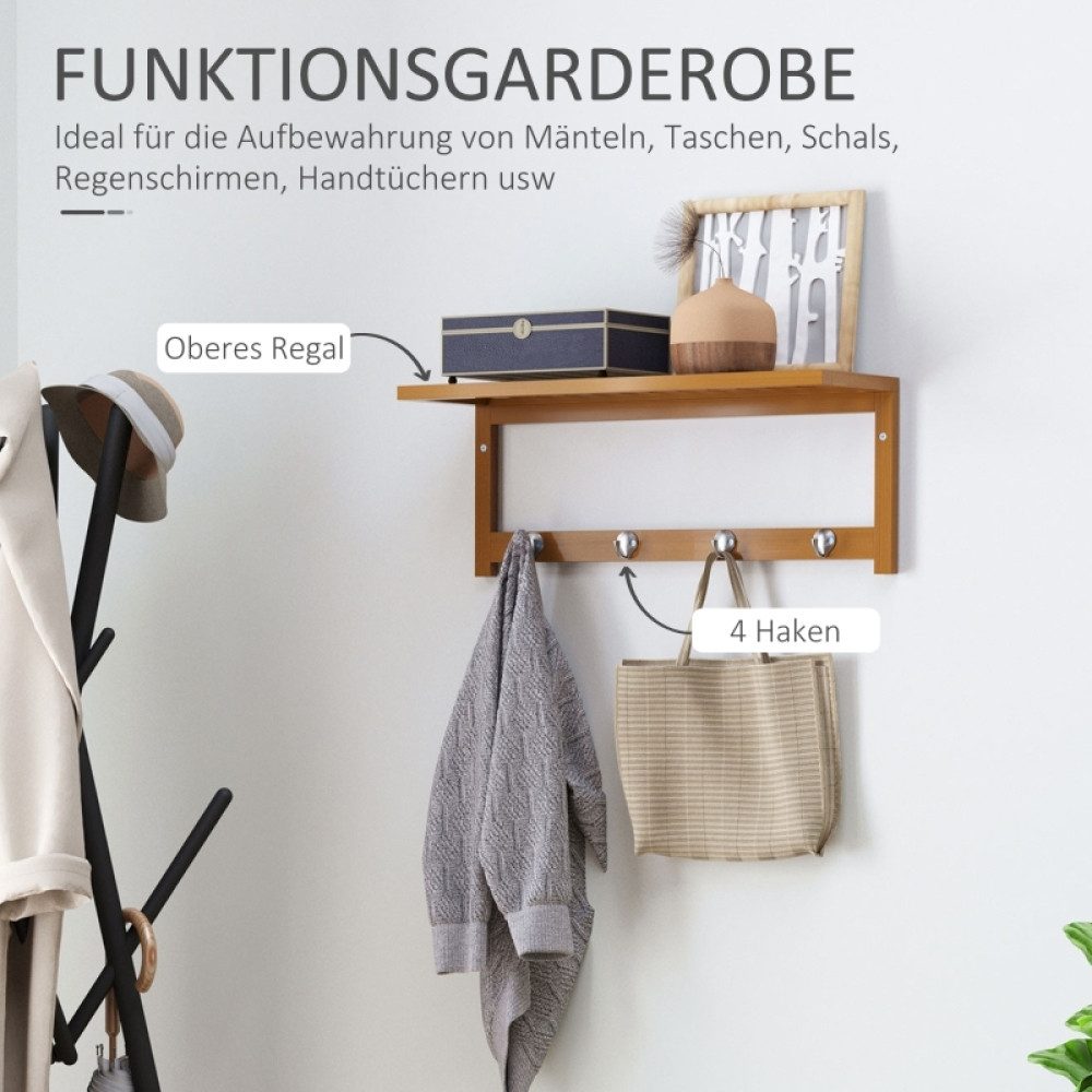 BBG Wandgarderobe Wandgarderobe Bambus mit Ablage & 4 Haken, Garderobenleiste Holz 50 cm (Wandregal mit Haken zur Wandmontage, Flurgarderobe platzsparend), Jackenhalter, Schlüsselbrett Natur
