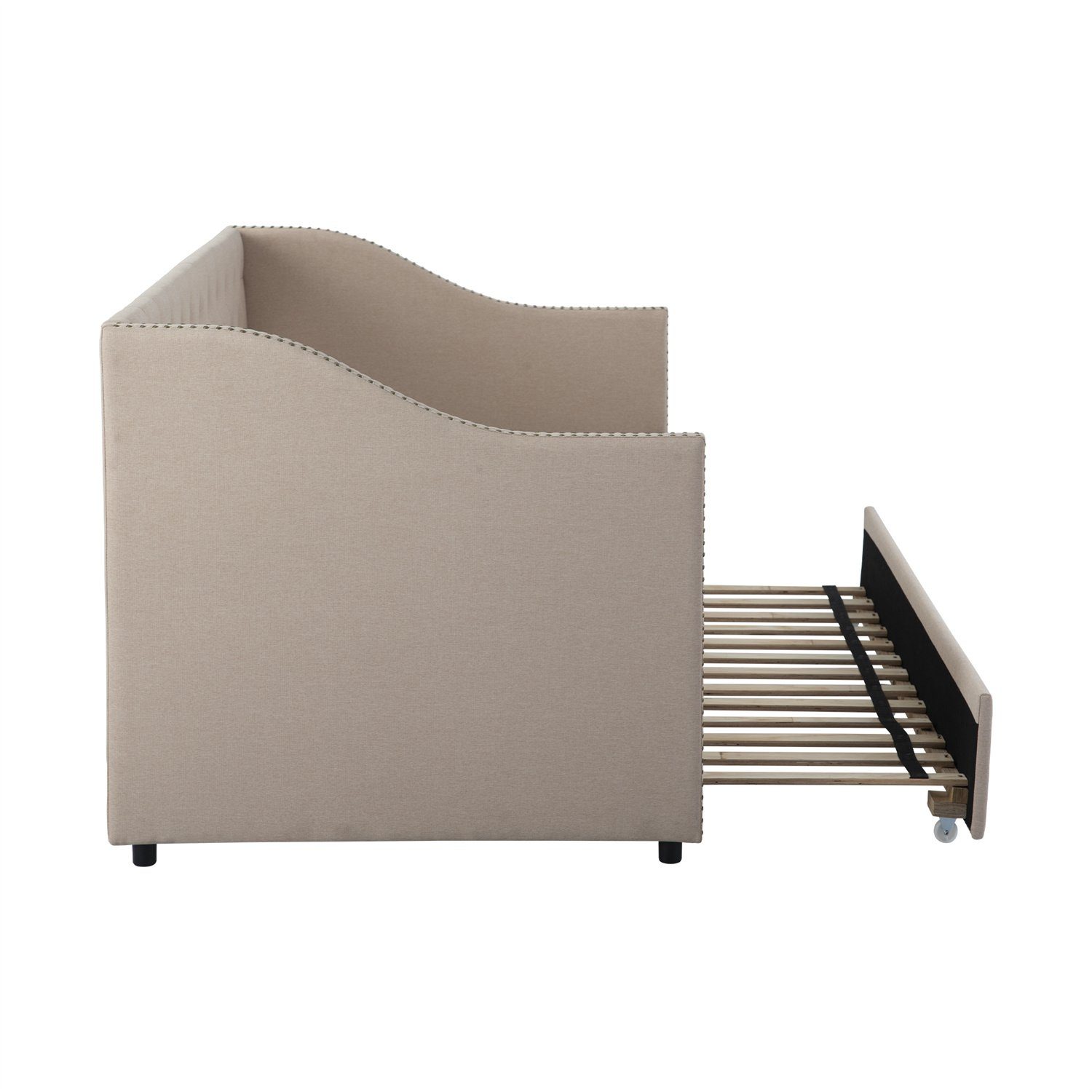 Daybett (Polsterbett mit Ausziehbarem Unterbett und Lattenrost), Schlafsofa Kinderbett Gästebett 90x200cm, Leinen