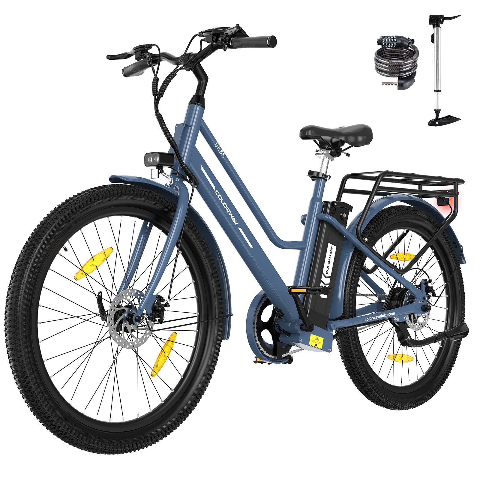 COLORWAY E-Bike Cityrad 27,5 Zoll Citybike bis zu 100 km Reichweite, Tiefeinsteiger, 1 Gang, Kettenschaltung, Heckmotor, 432 Wh
