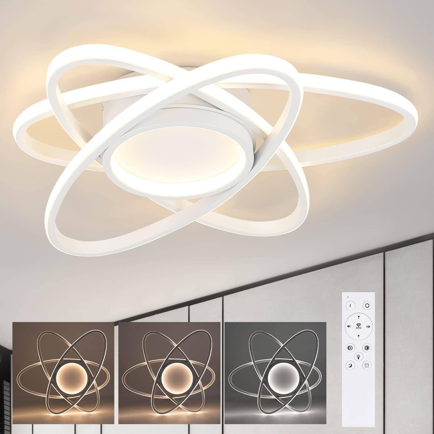 ZMH LED Deckenleuchte Whonzimmer Modern 3 Oval Deckenlampe 3000-6500K mit Fernbedienung, dimmbar, LED fest integriert, Tageslichtweiß, 77W, Weiß/Schwarz