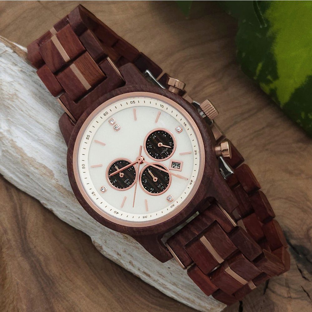 Holzwerk Chronograph ROSENAU kleine Damen Holz Armband Uhr mit Datum, Braun Rose Gold, weiß