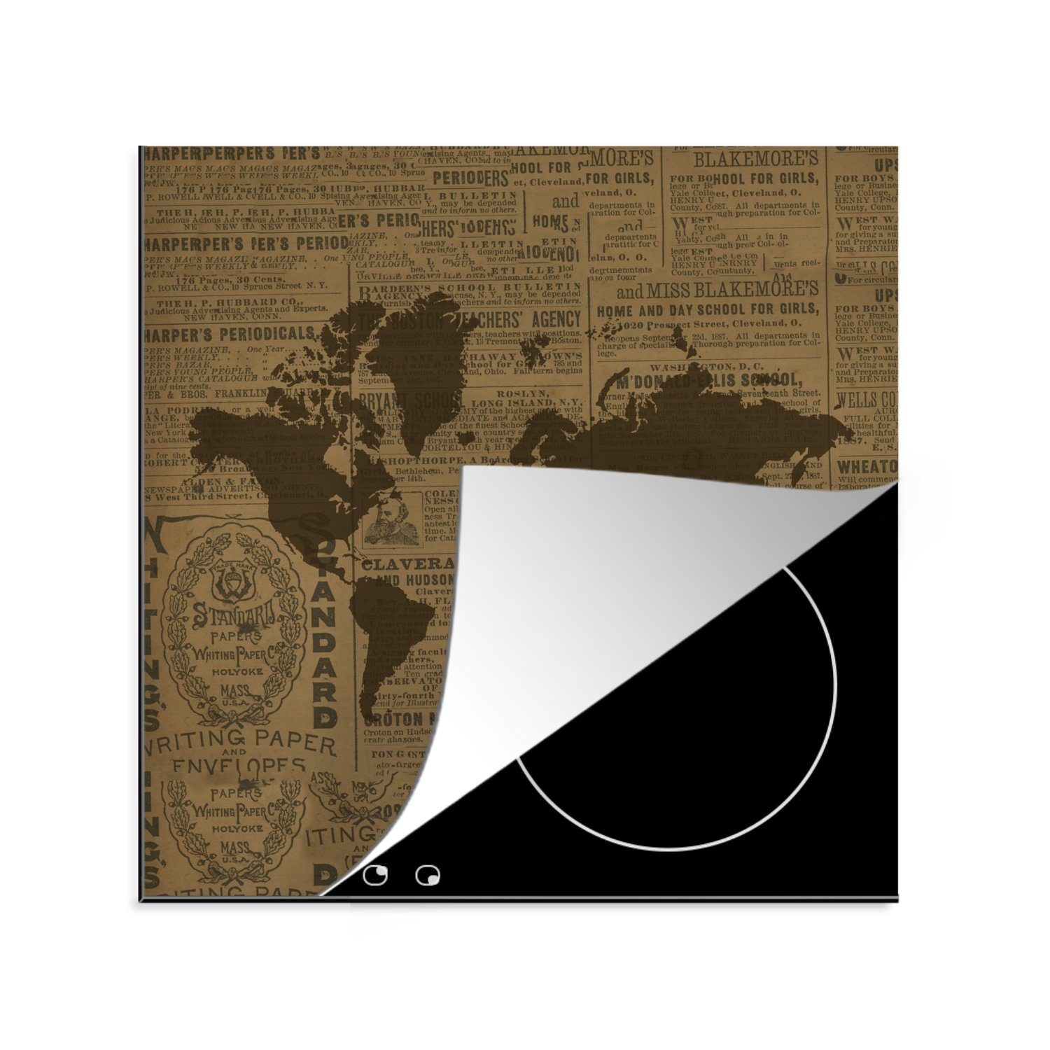 MuchoWow Herdblende-/Abdeckplatte Weltkarte Brown - Zeitung - Briefe, Vinyl, (1 tlg), 78x78 cm, Ceranfeldabdeckung, Arbeitsplatte für küche