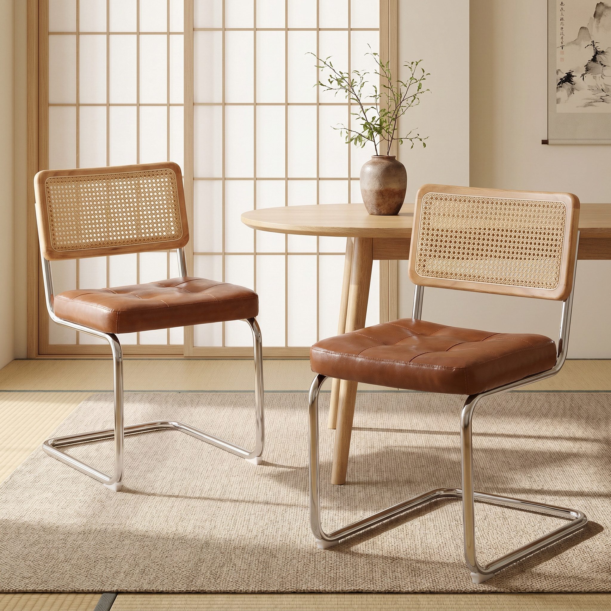 LIVIHOME Esszimmerstuhl Rattania (Set, 2 St), mit Rattan-Rückenlehne, PU-Leder Sitzfläche und Chrombeinen
