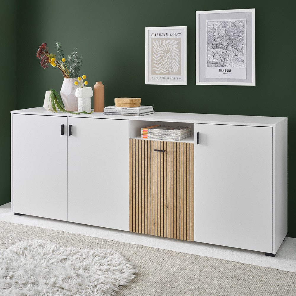 Lomadox Sideboard HUNTER-61, Anrichte Kommode Schrank weiß matt mit Eiche 200x79,6x42 cm