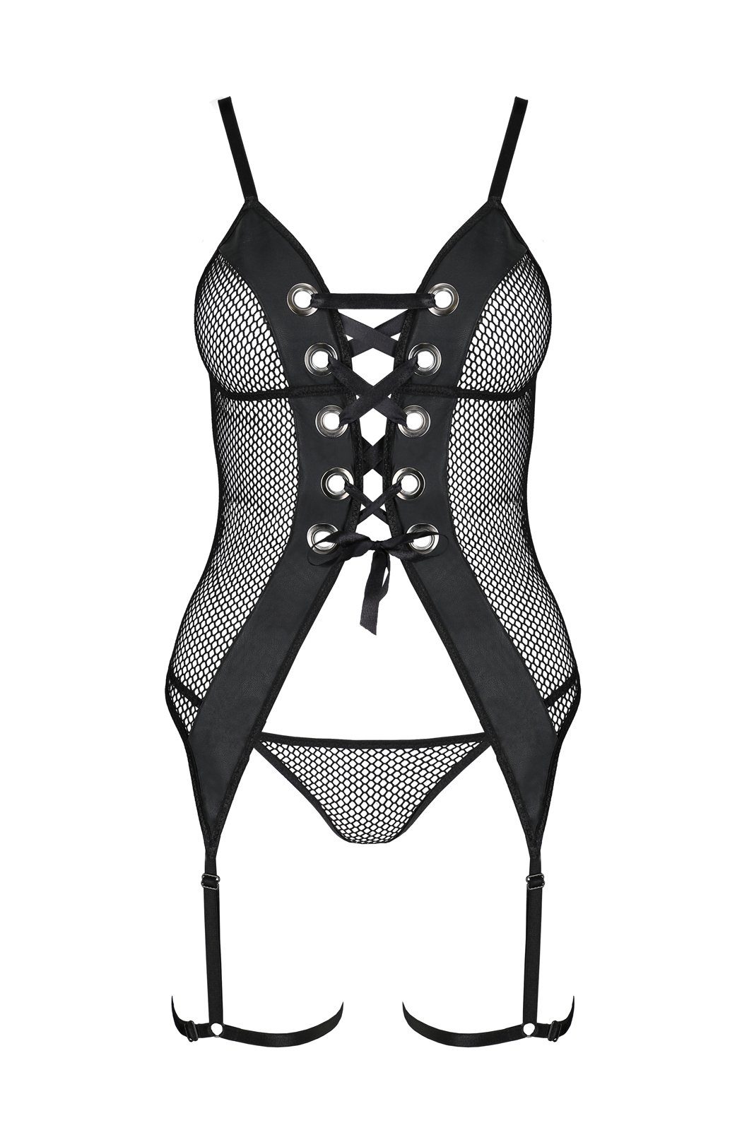 Passion Corsage Netz-Corsage Beth schwarz mit Strapse Kunstleder (Set)
