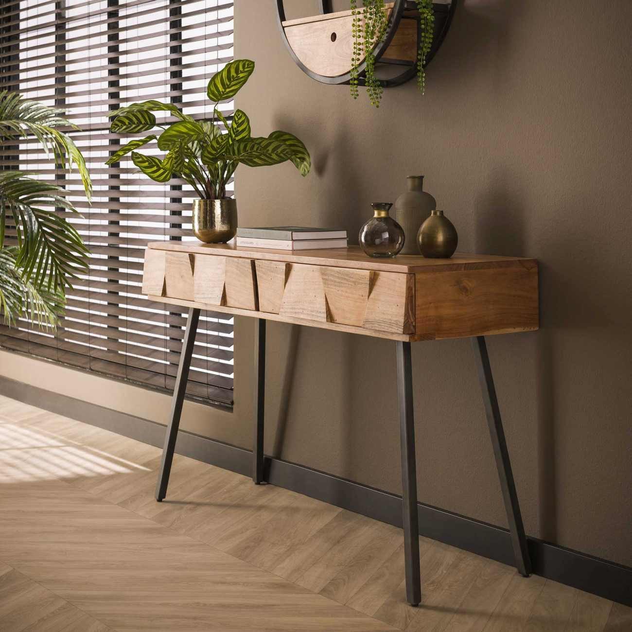 Feeling4Home Konsole / Schminktisch Ficha - Akazienholz Natur, 2 Schubladen, 120cm, Asymmetrisches Finish an den Fronten