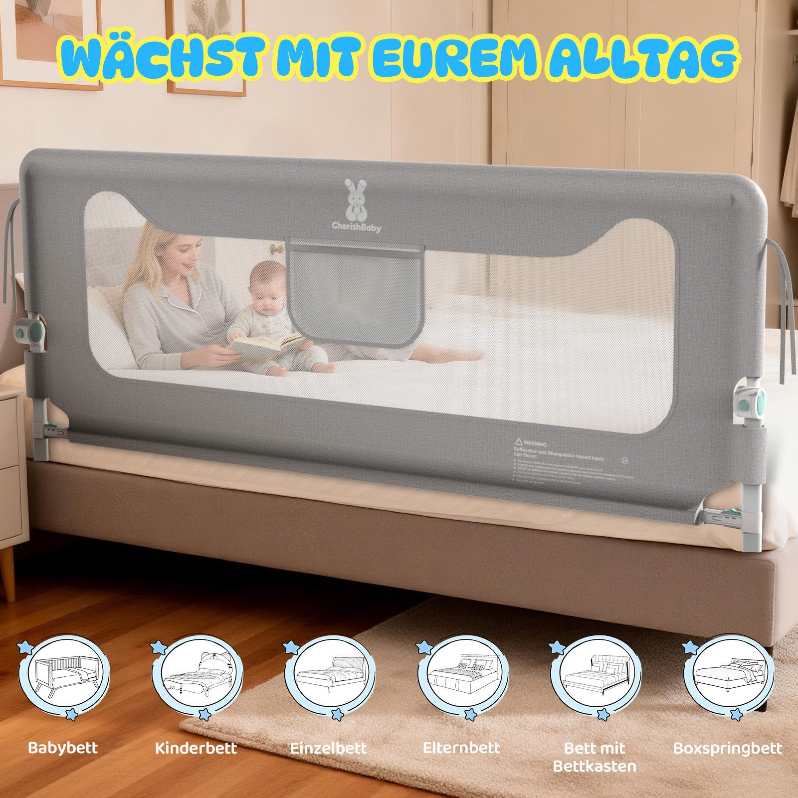 Huracan Bettschutzgitter Bettgitter 150/180/200cm, Rausfallschutz Bett, (14-Fach höhenverstellbar, Klappbar Bettschutzgitter für, Kinder Baby,Stabiler Kinderbet – Bild 4 von 5