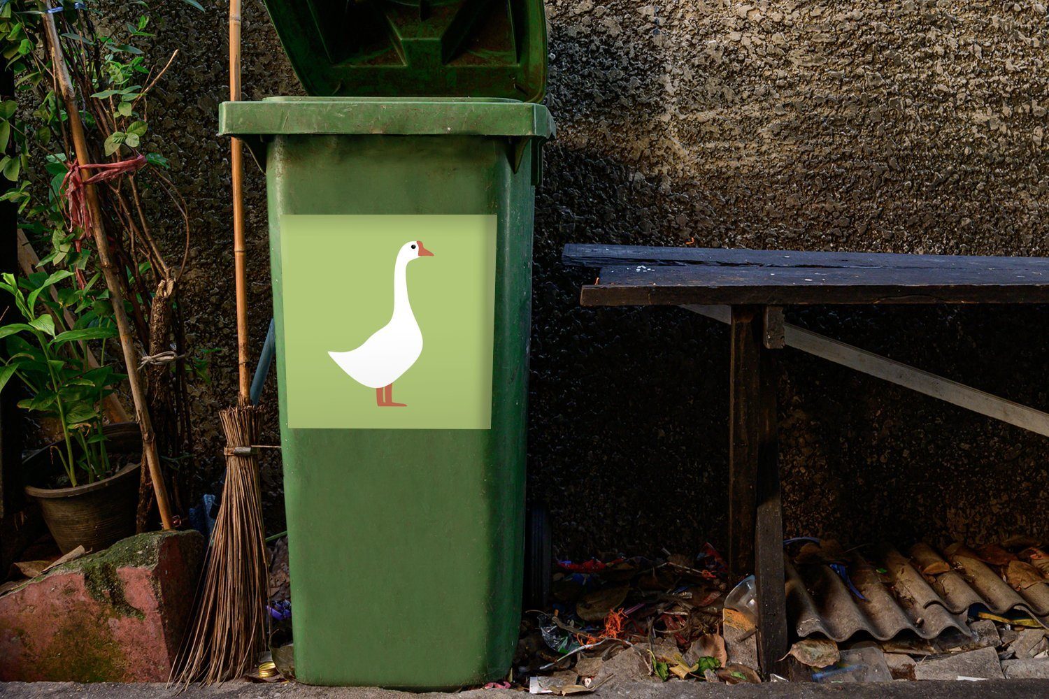 Abfalbehälter auf St), Gans Wandsticker Sticker, MuchoWow (1 Mülleimer-aufkleber, Mülltonne, Container, Illustration Hintergrund grünem einer