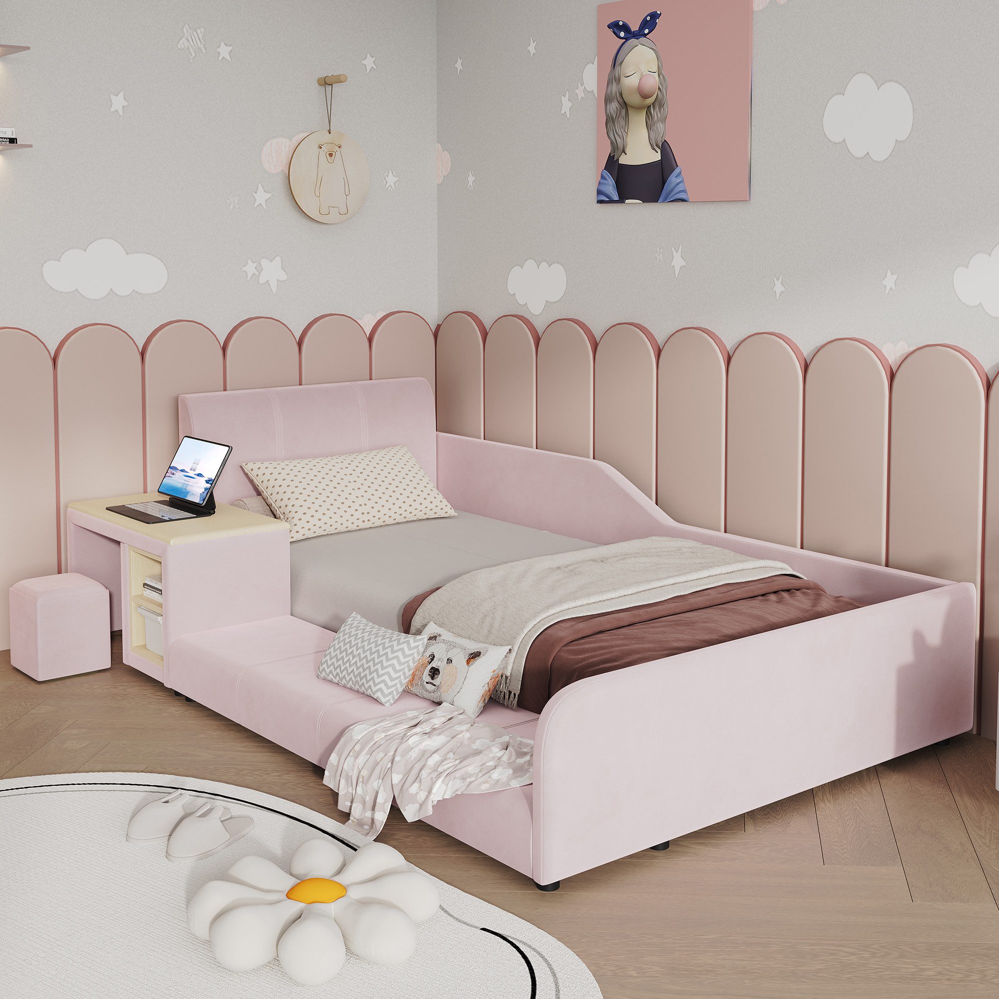 Flieks Polsterbett, Kinderbett 90x200cm mit Schreibtisch und Hocker mit Rausfallschutz